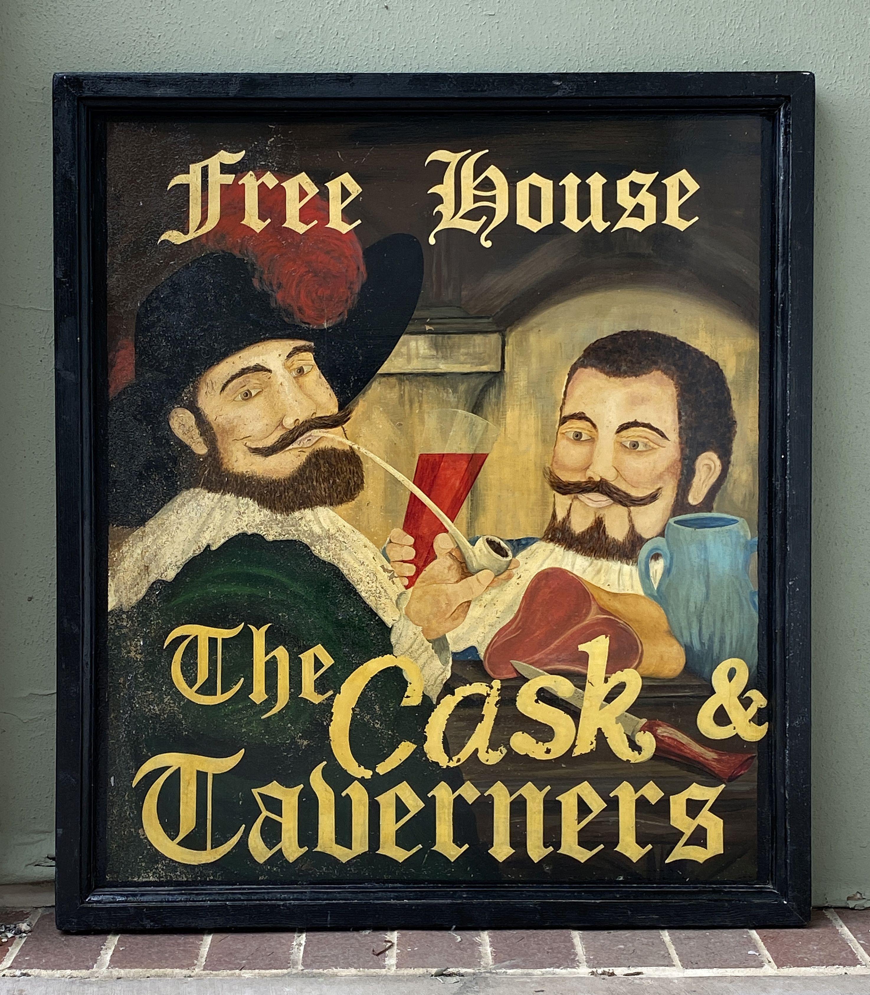 An authentic English pub sign (two-sided) featuring a painting of two revelers or publicans in Carolingian costume enjoying the libations and victuals of a fine inn, entitled: Free House - The Cask & Taverners.

A free house in Great Britain is a