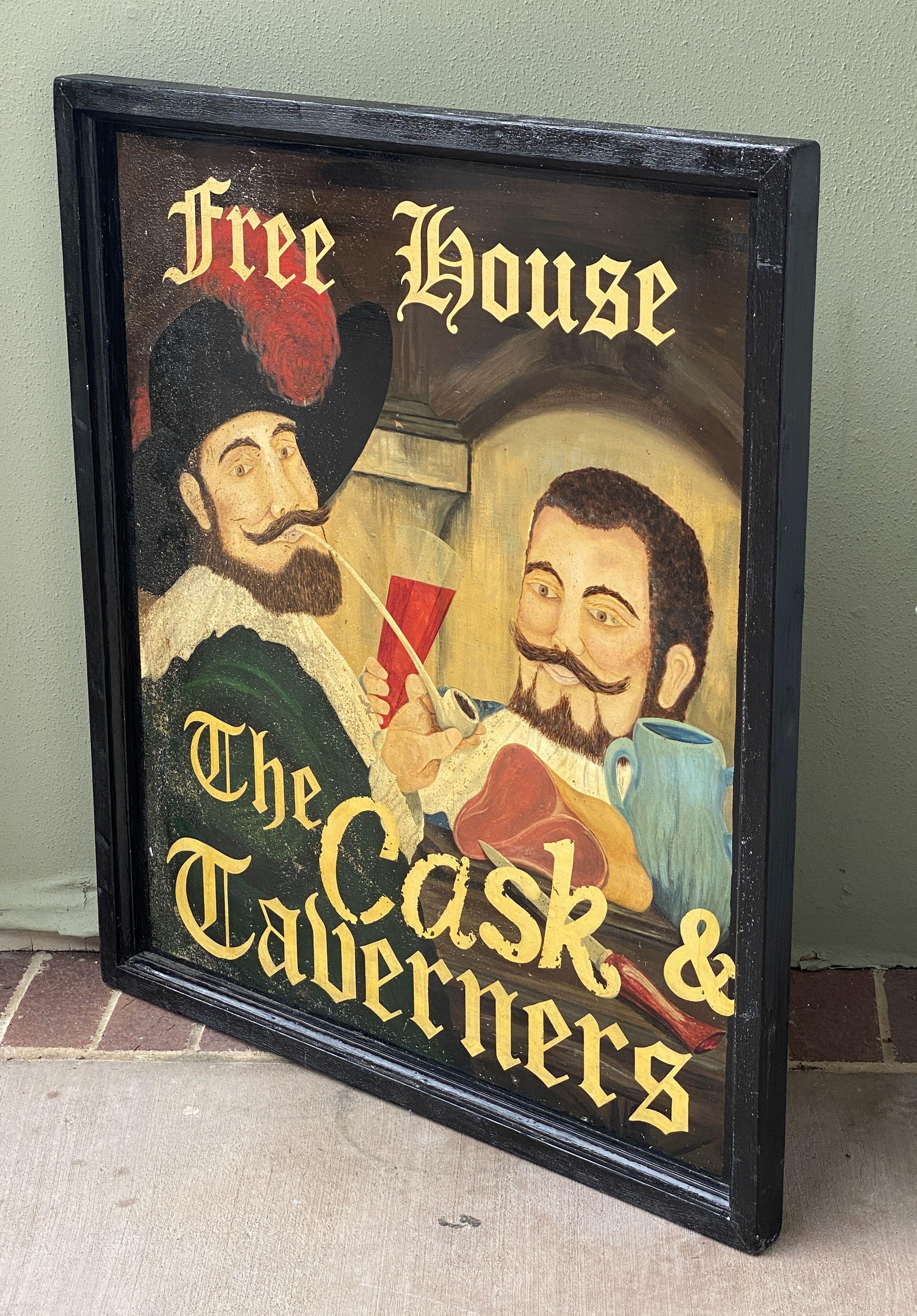 Englisches Pub-Schild, „Free House – The Cask and Taverners“ (Handbemalt) im Angebot