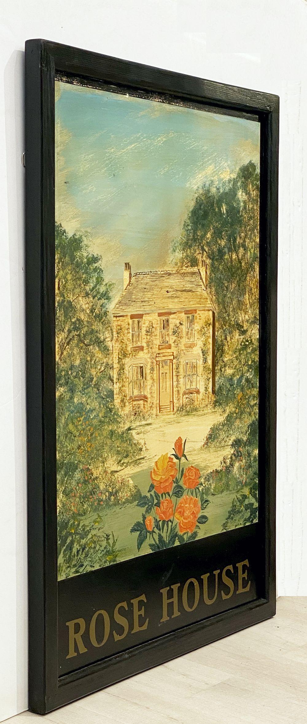 An authentic English pub sign (one-sided) featuring a painting of a house with roses, entitled: Rose House.

A very fine example of vintage advertising artwork, ready for display.
