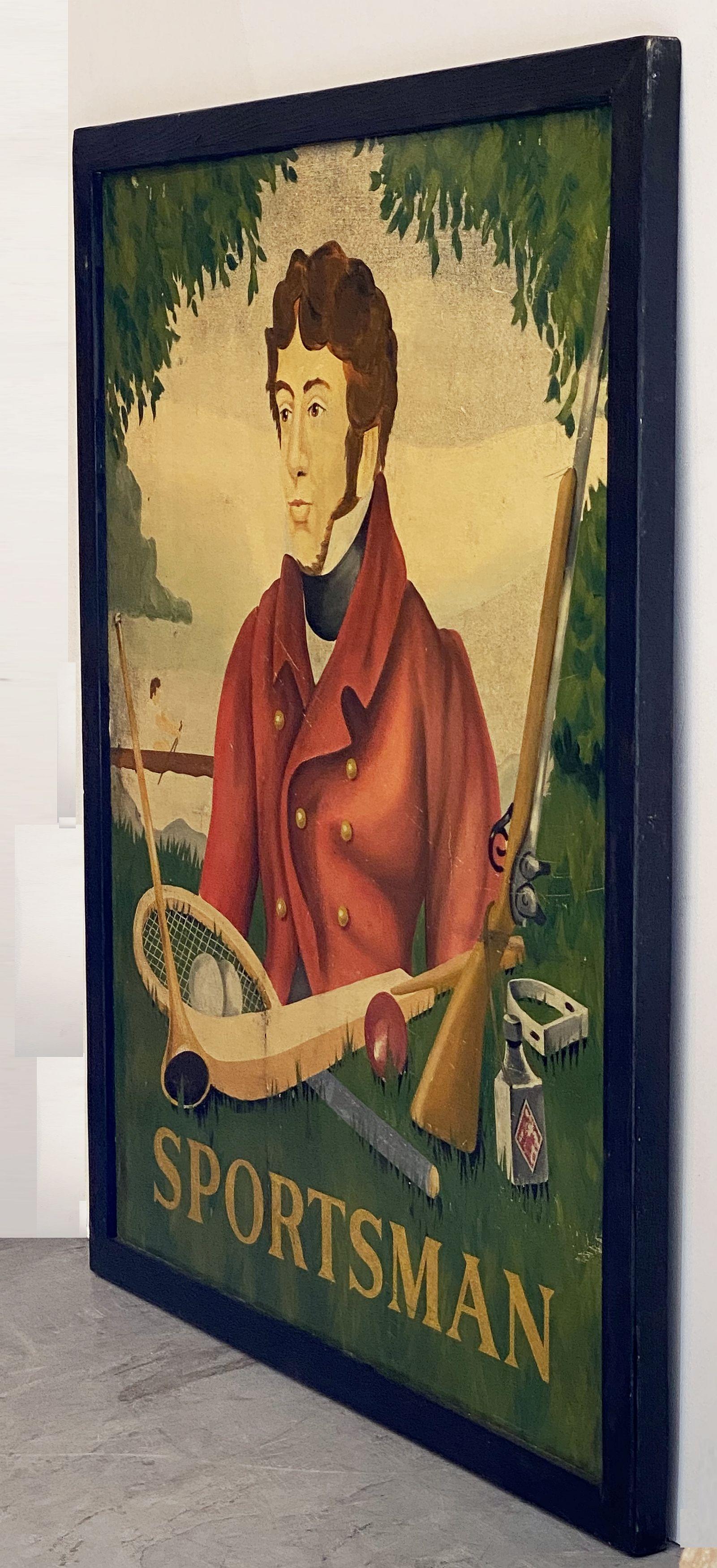 An authentic English pub sign (two-sided) featuring a painting of a Regency era gentleman with representations of British sport traditions such as cricket and tennis, entitled: Sportsman.

A very fine example of vintage advertising artwork and