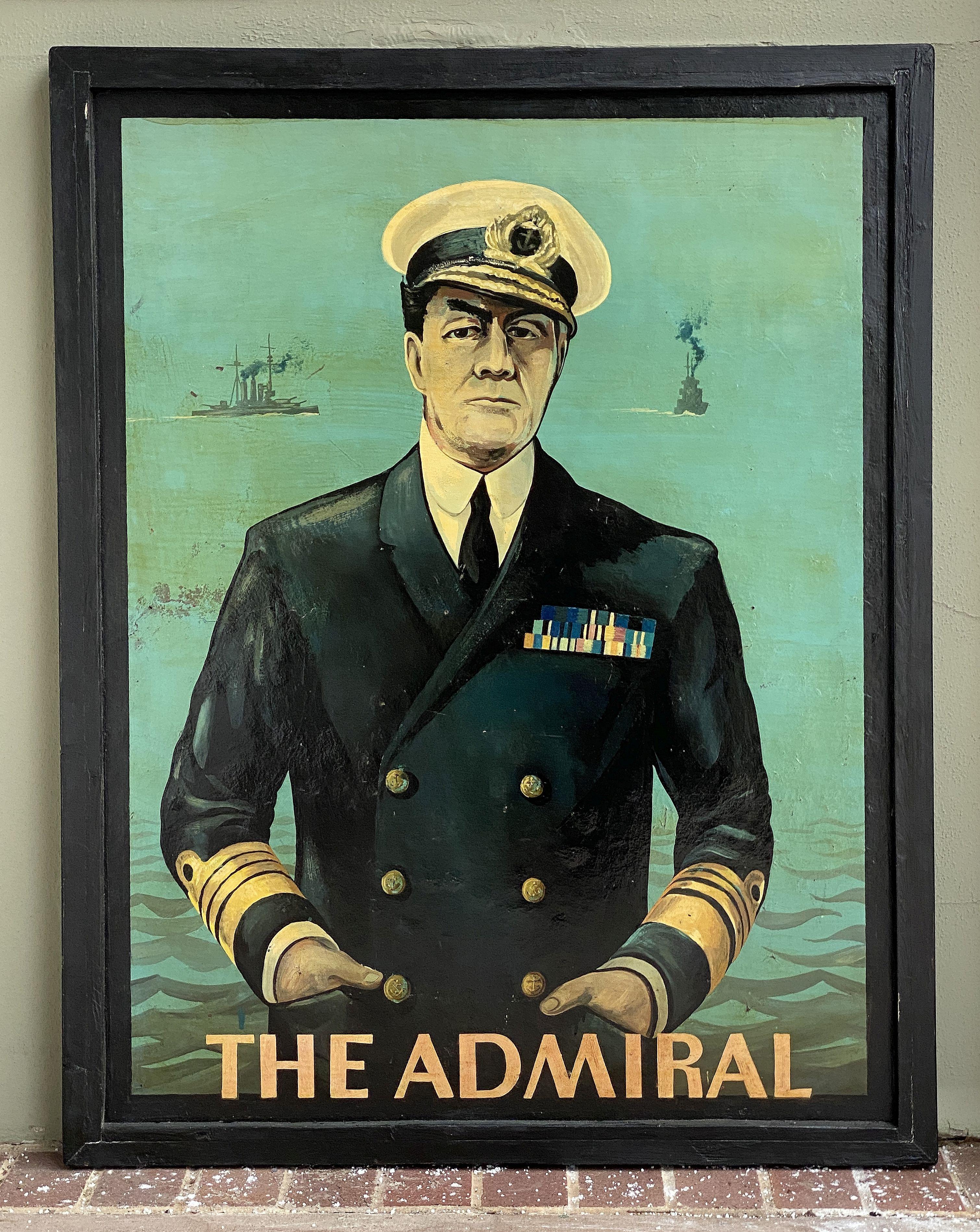 An authentic English pub sign (one-sided) featuring a portrait painting of a decorated Royal Navy admiral with the sea and warships in the background, entitled: The Admiral.

A very fine example of vintage advertising artwork, ready for display.

