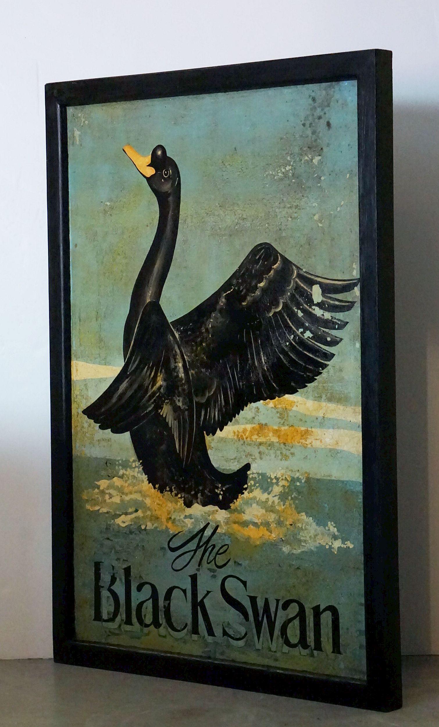 An authentic English pub sign (one-sided) featuring a painting of a black swan upon the water, entitled: The Black Swan.

A very fine example of vintage advertising artwork, ready for display.