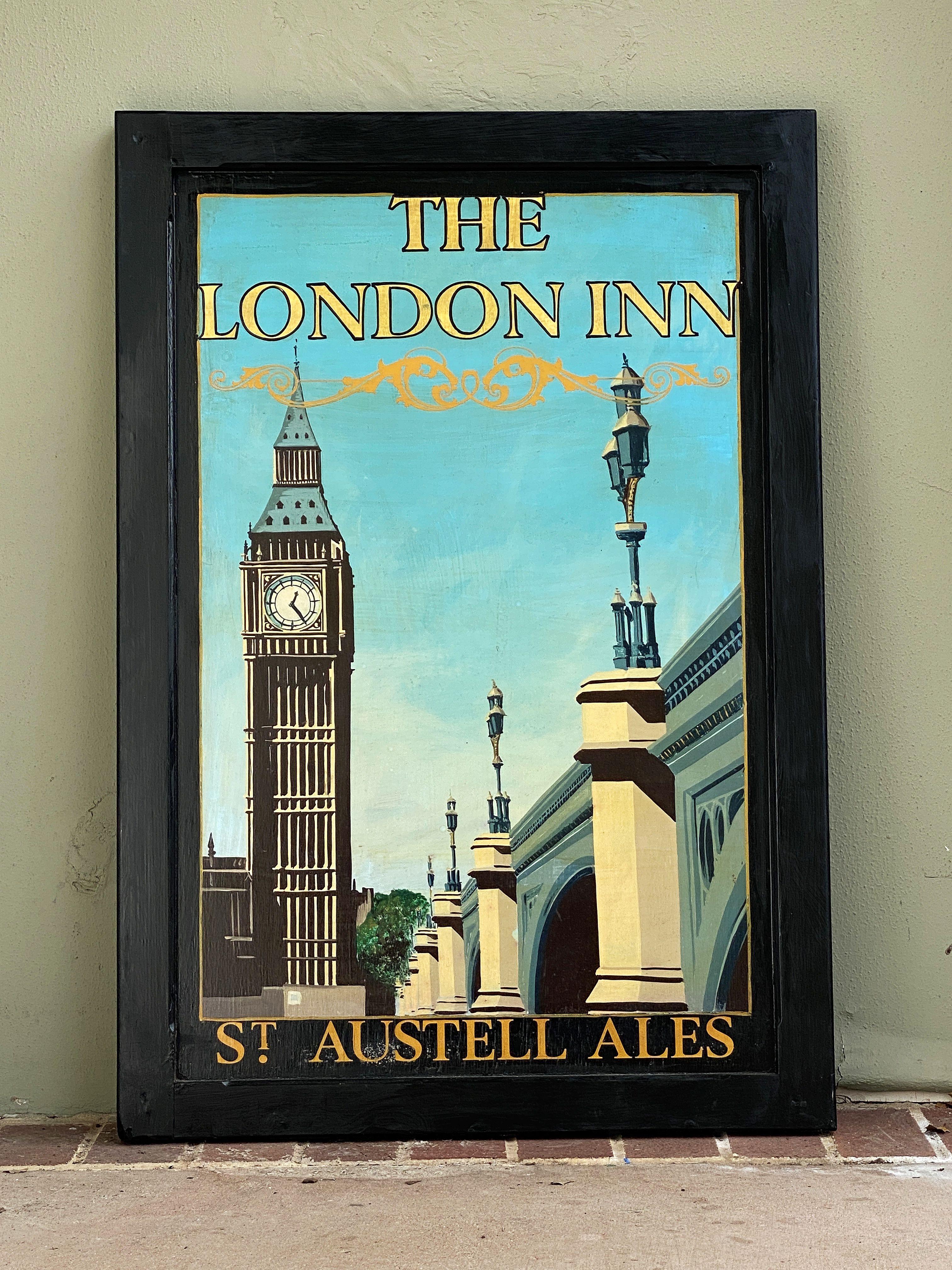 An authentic English pub sign (two-sided) featuring a painting of a City of London scene featuring Big Ben clock tower and Westminster Bridge, entitled: The London Inn - St. Austell Ales.

St Austell Brewery is a brewery founded in 1851 by Walter