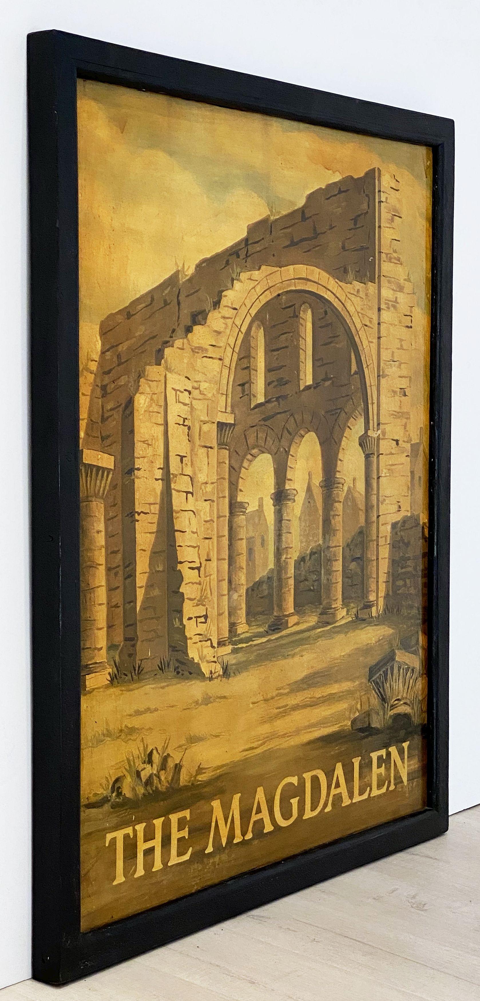 An authentic English pub sign (one-sided) featuring a painting of a monastery abbey ruin, entitled: The Magdalen.
 
A very fine example of vintage advertising artwork and ready for display.