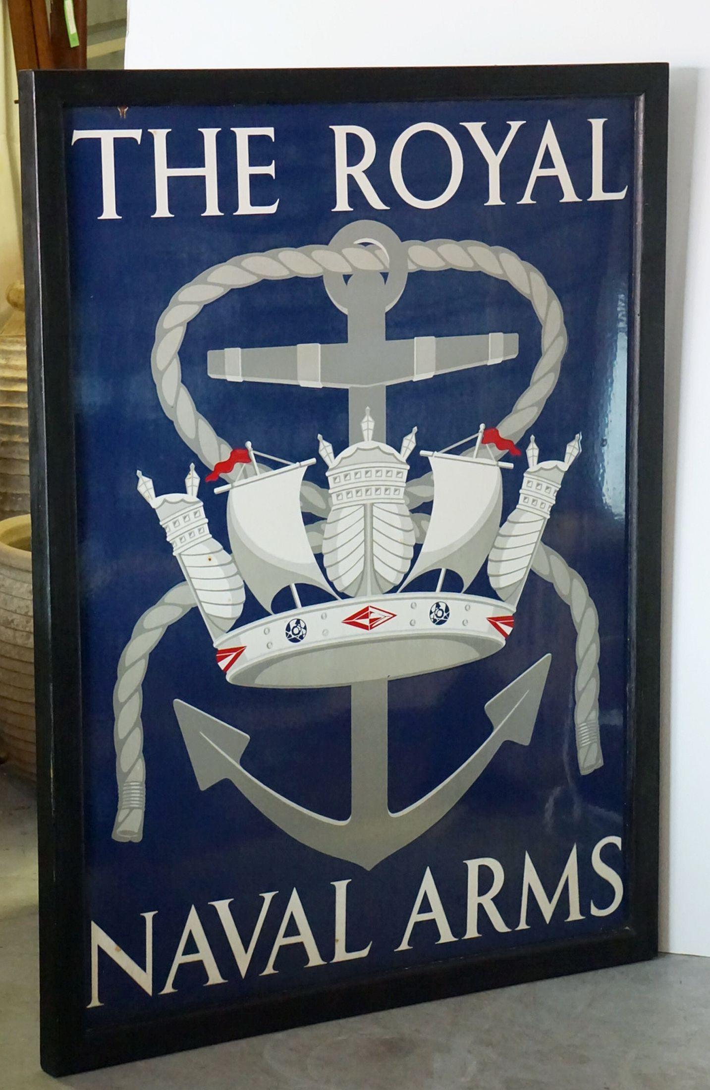 An authentic English pub sign (one-sided) featuring a painting of a stylized royal crown of ships and sails super-imposed upon an anchor, entitled: The Royal Naval Arms.

A very fine example of vintage advertising artwork, ready for display.