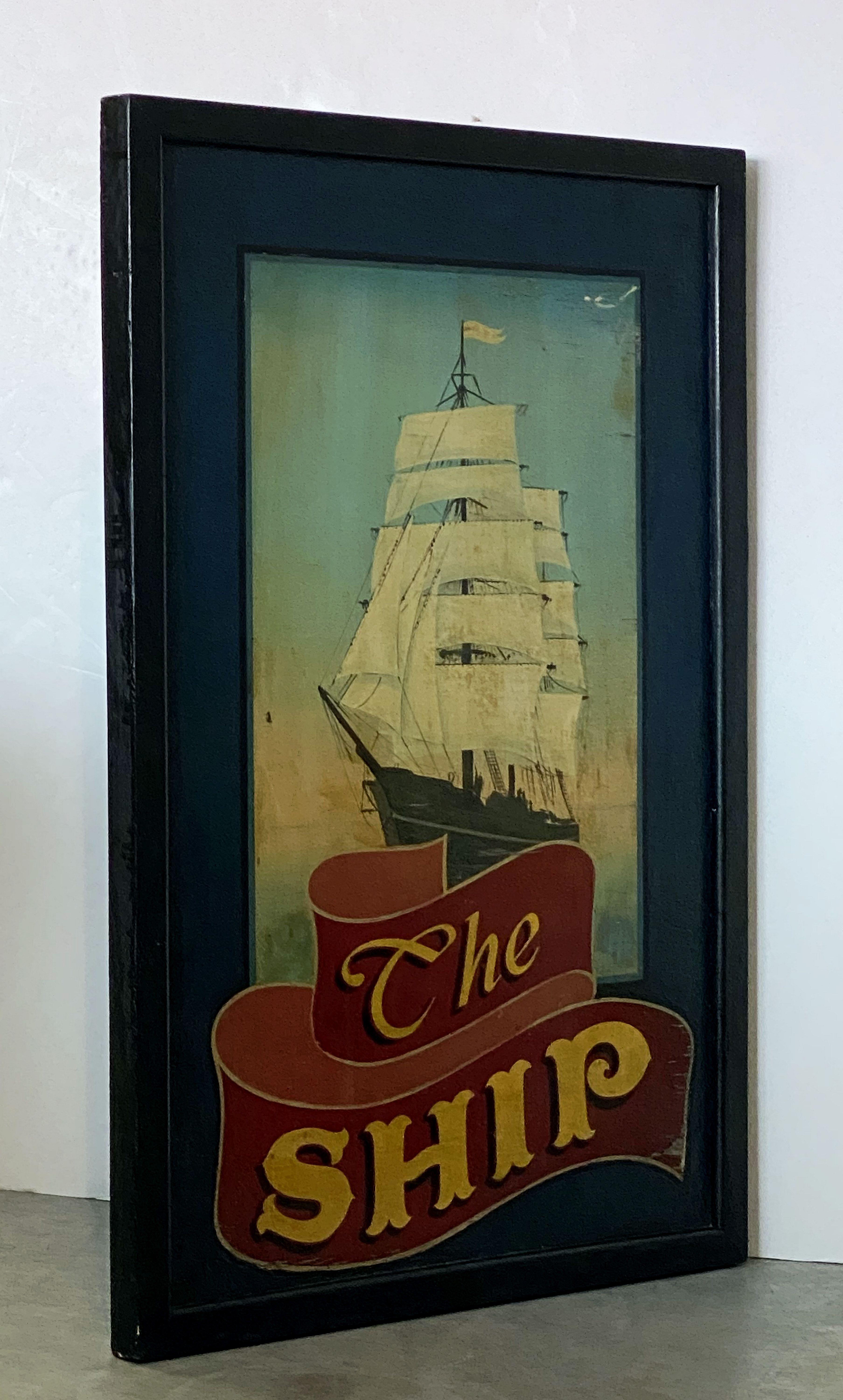 An authentic English pub sign (two-sided) featuring a painting of a sailing ship with billowing sails, entitled: The Ship.

A very fine example of vintage advertising artwork, ready for display.