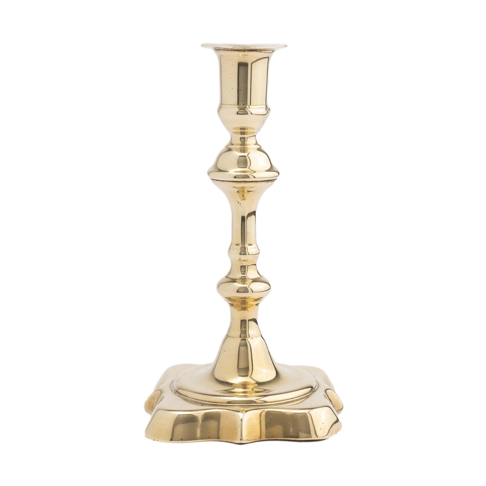 British English Queen Anne brass candlestick, 1745 For Sale