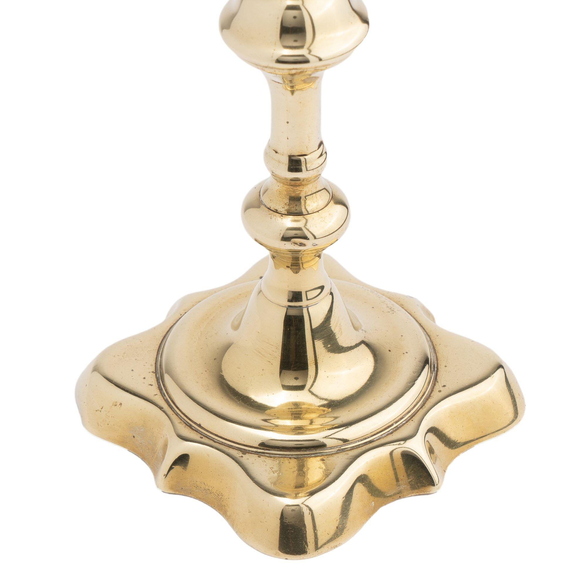 18th Century English Queen Anne brass candlestick, 1745 For Sale
