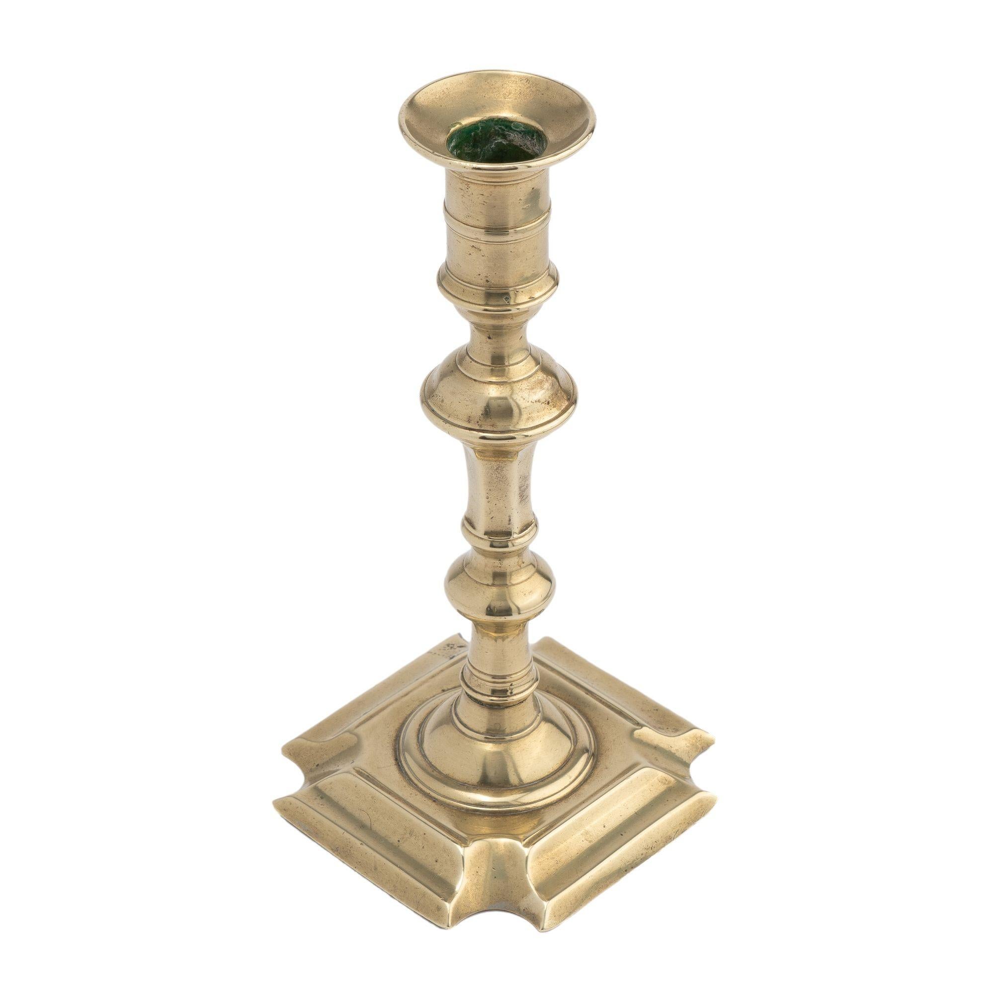 British English Queen Anne brass candlestick, 1750-60 For Sale