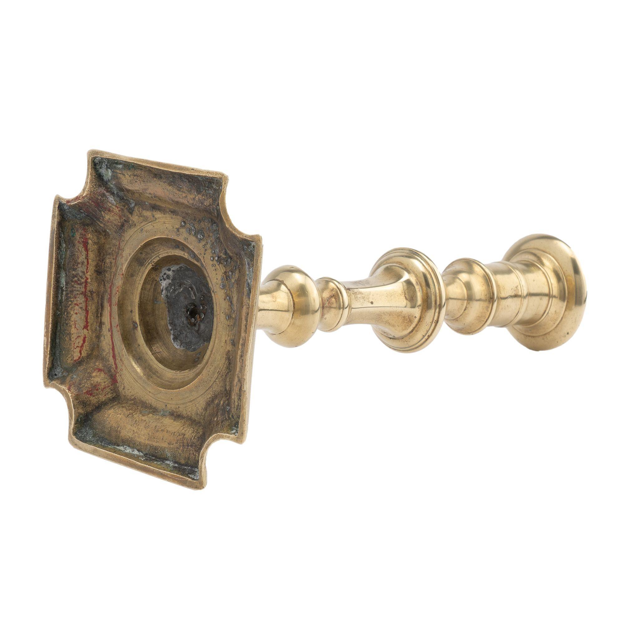 Brass English Queen Anne brass candlestick, 1750-60 For Sale
