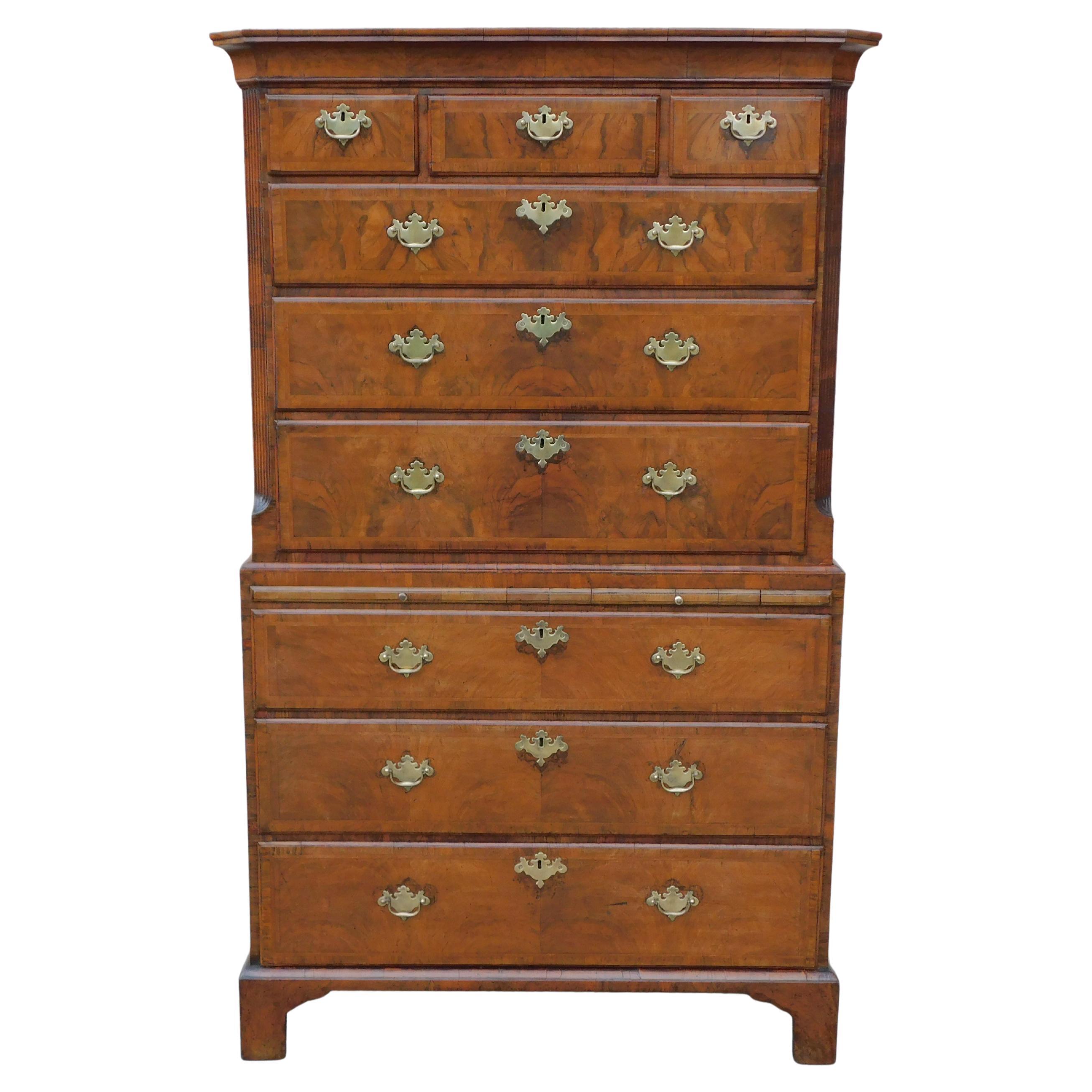 English Queen Anne Burl Walnut Chest on Chest w/ Brushing Slide on Feet, C. 1720