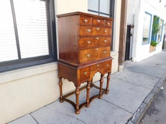 English Queen Anne Burl Walnut Highboy on Stand with Orig. Bulbous Legs, C. 1720