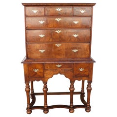 English Queen Anne Burl Walnut Highboy on Stand with Orig. Bulbous Legs, C. 1720