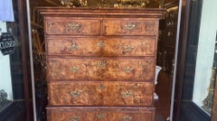 English Queen Anne Burl Walnut Highboy w/ Orig. Cabriole Legs on Pad Feet C 1720