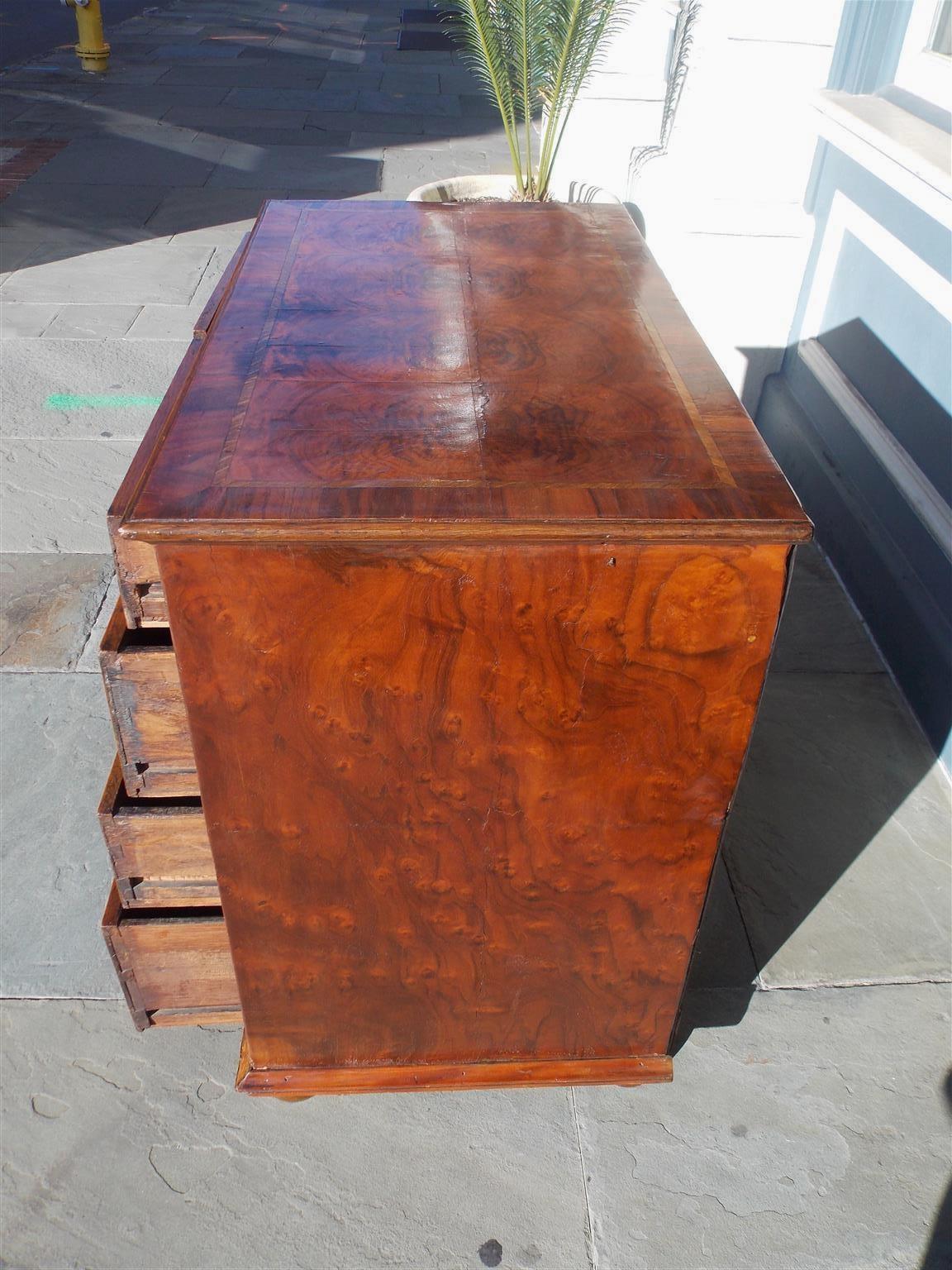 English Queen Anne Burl Walnut Inlaid Chest of Drawers with Bun Feet, Circa 1740 In Good Condition In Hollywood, SC