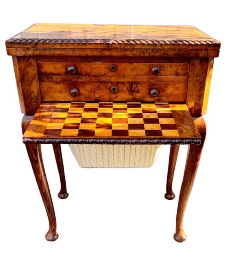 Inlay English Queen Anne Carved Walnut Work/Games Table, 19th c. For Sale