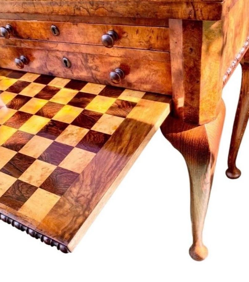 Hand-Carved English Queen Anne Carved Walnut Work/Games Table, 19th c. For Sale