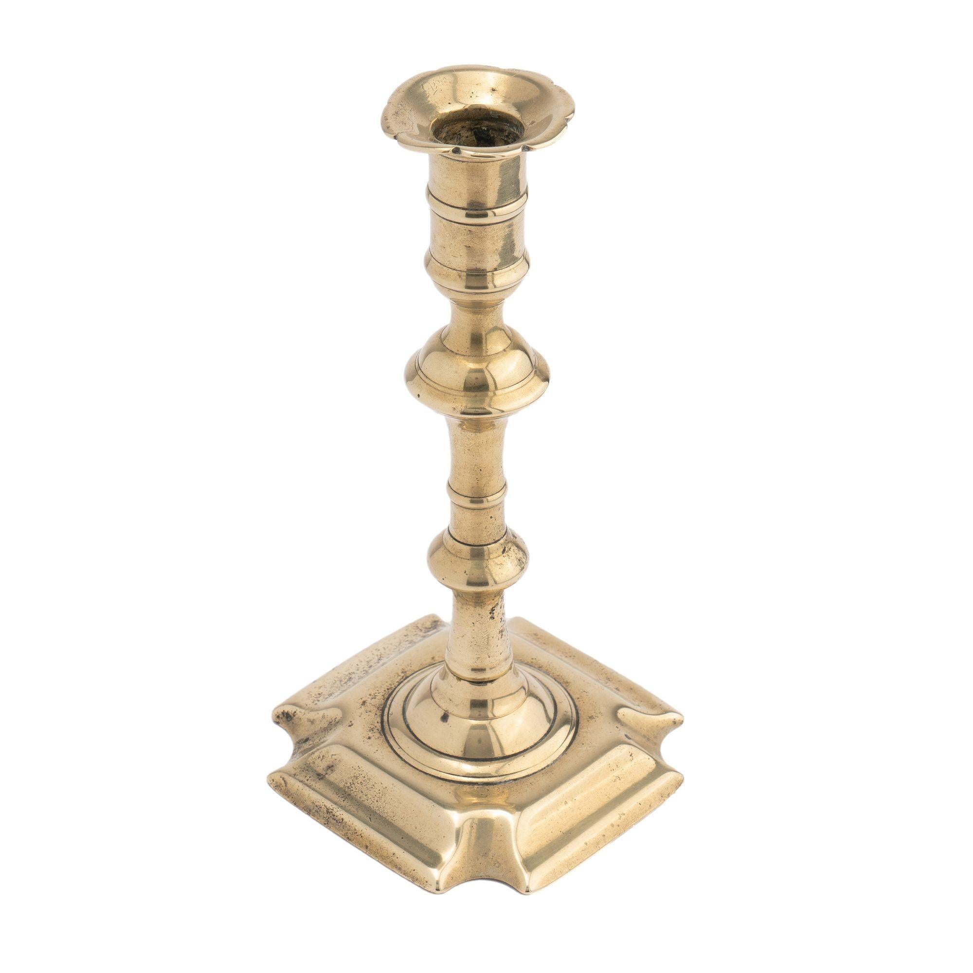 18th Century English Queen Anne cast brass baluster shaft candlestick, 1740-60 For Sale