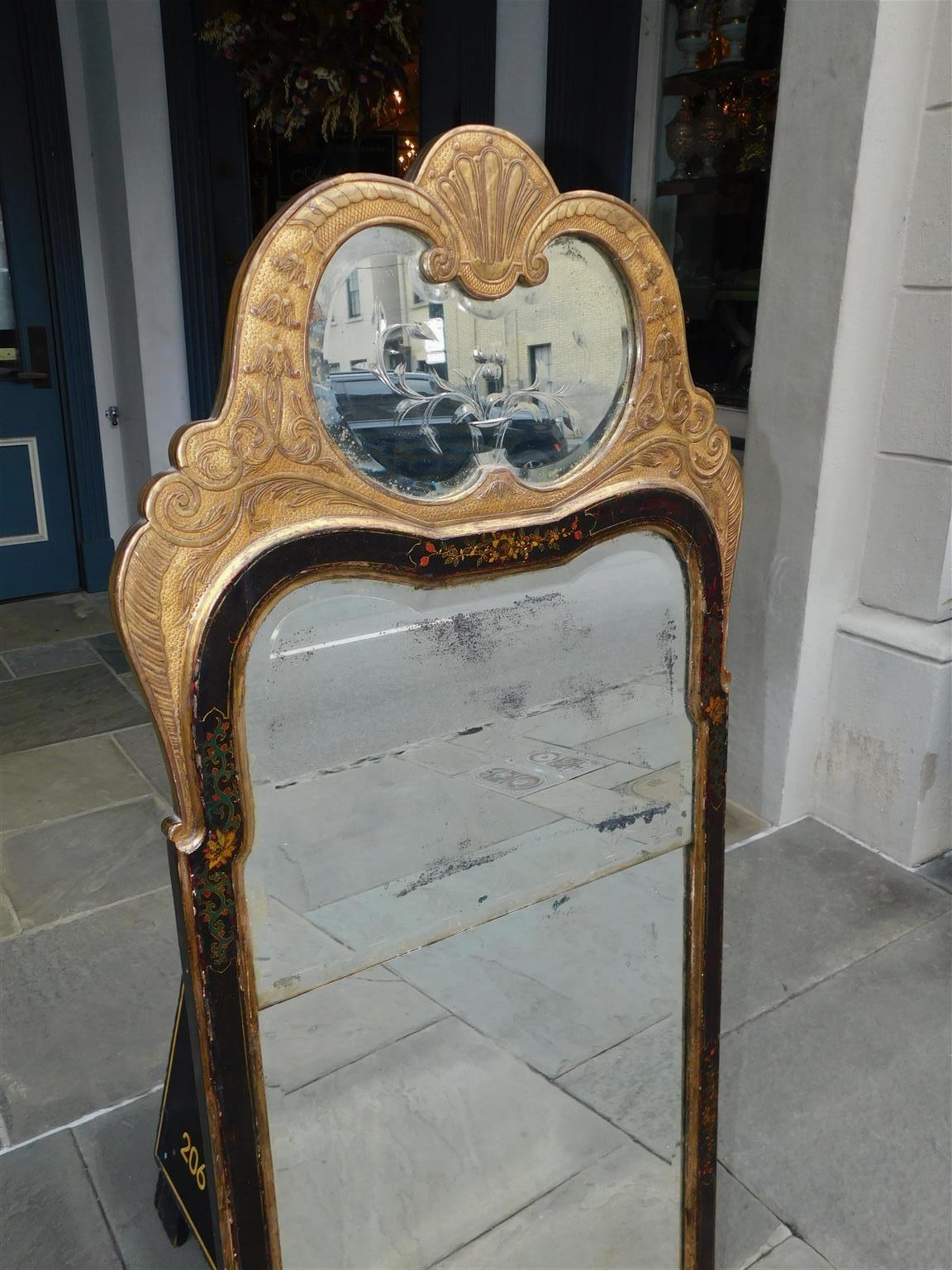 Hand-Carved English Queen Anne Chinroserie Giltwood and Gesso Ebonized Wall Mirror, C. 1720 For Sale