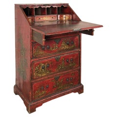 English Queen Anne, Early 18th Century Red Chinoiserie Lacquer Desk / Commode