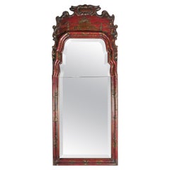 English Queen Anne Early 18th Century Red Chinoiserie Lacquer Mirror