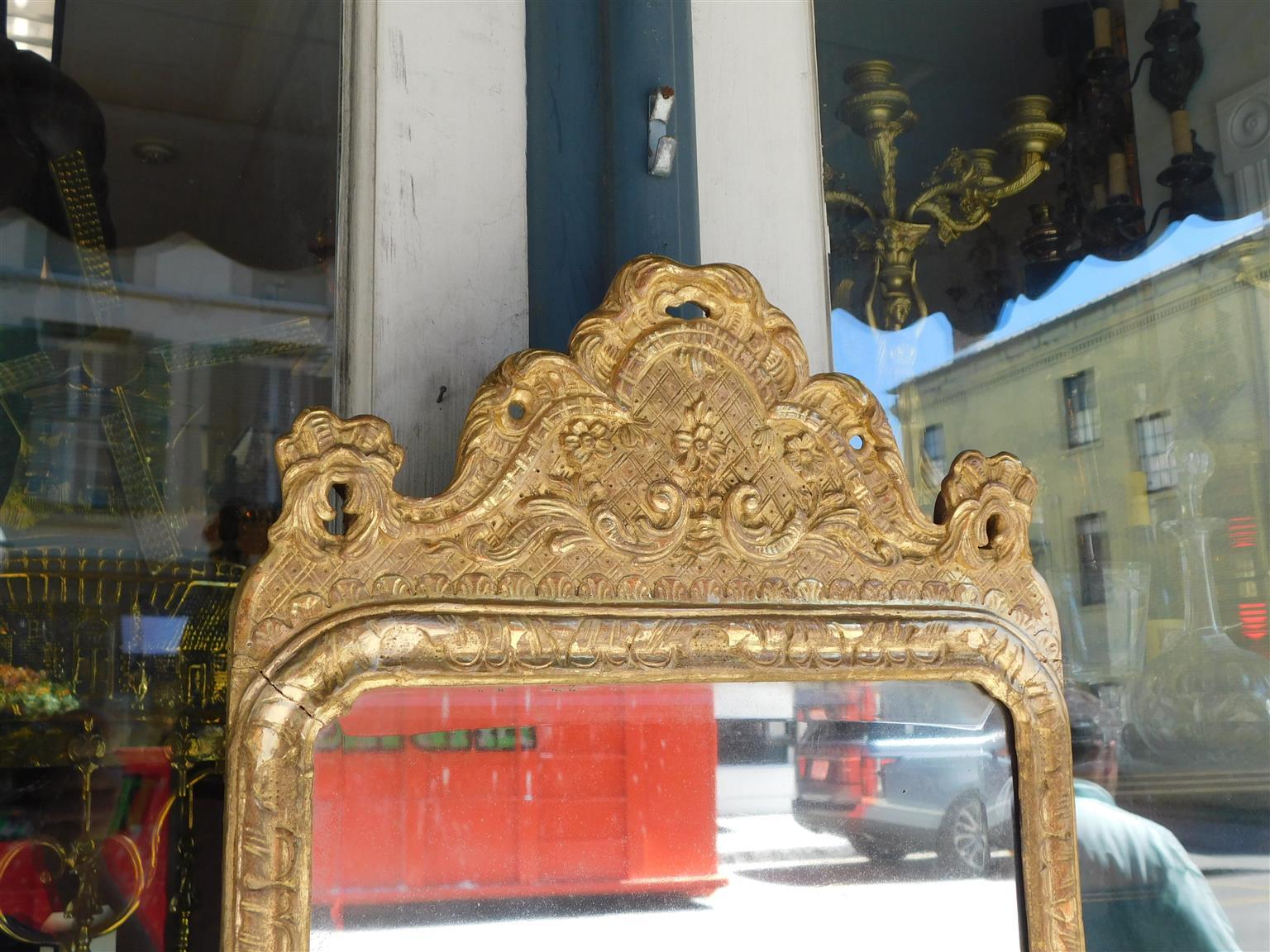 Giltwood English Queen Anne Gilt Wood and Gesso Wall Mirror with Original Glass, C. 1750 For Sale