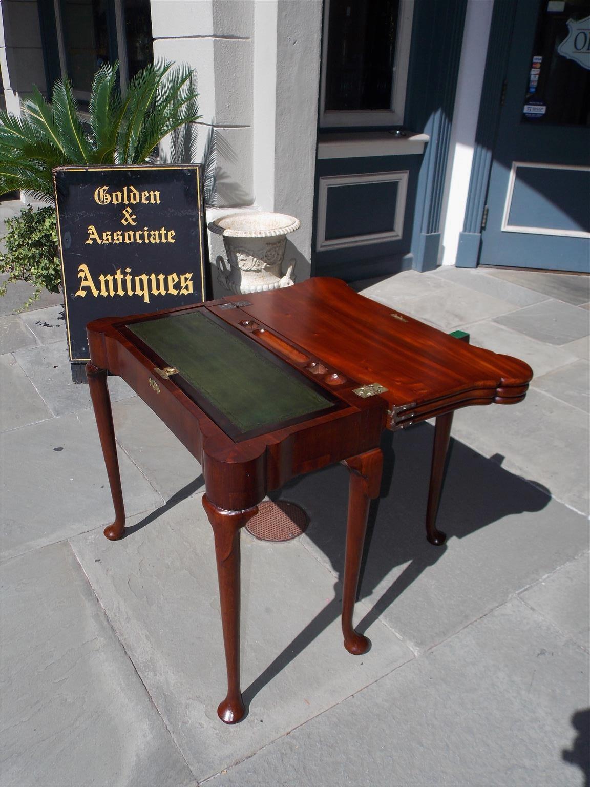 English Queen Anne Mahogany Hinged Triple Top Inlaid Trumpet Game Table, C. 1730 For Sale 1