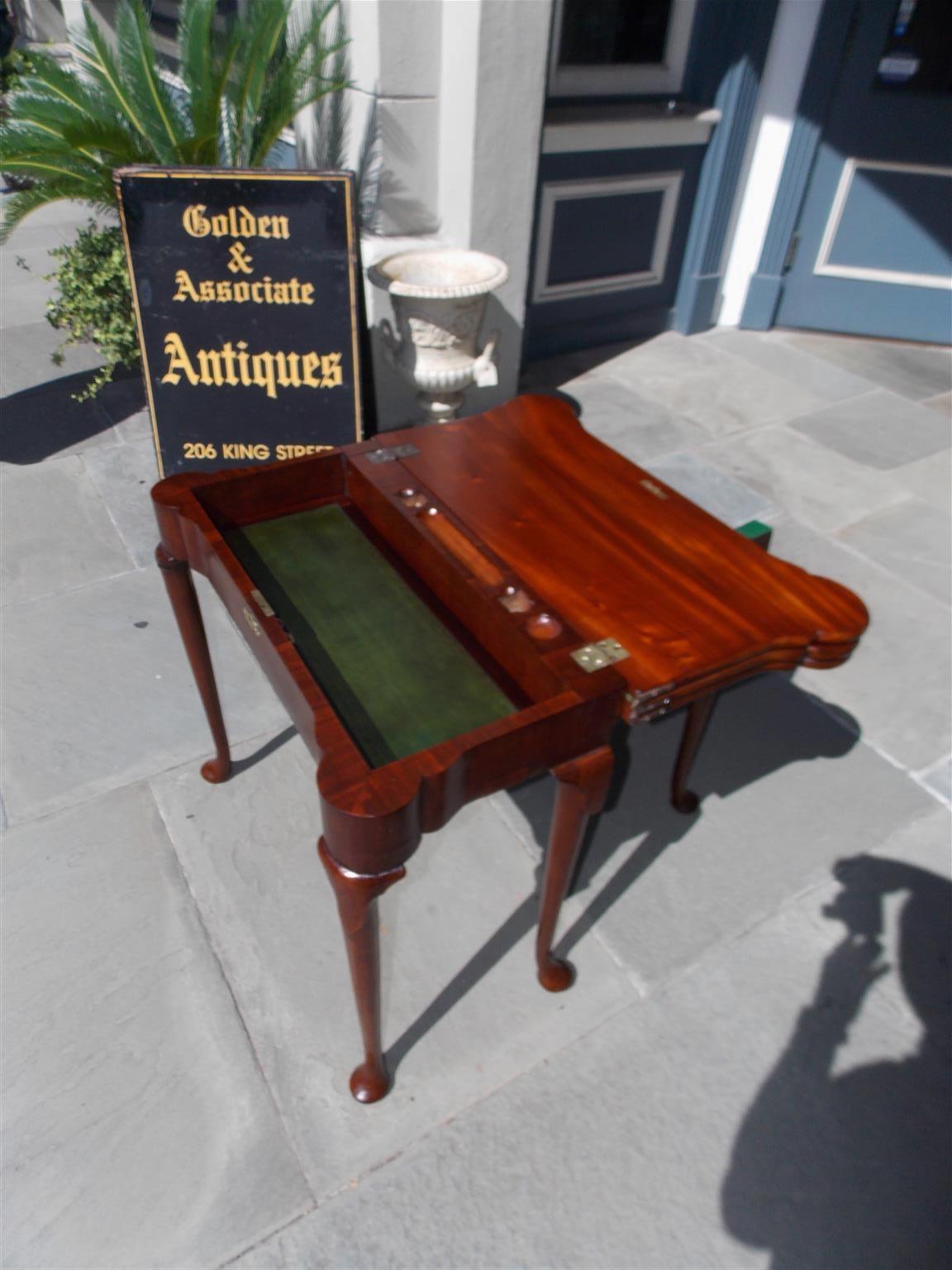 English Queen Anne Mahogany Hinged Triple Top Inlaid Trumpet Game Table, C. 1730 For Sale 2