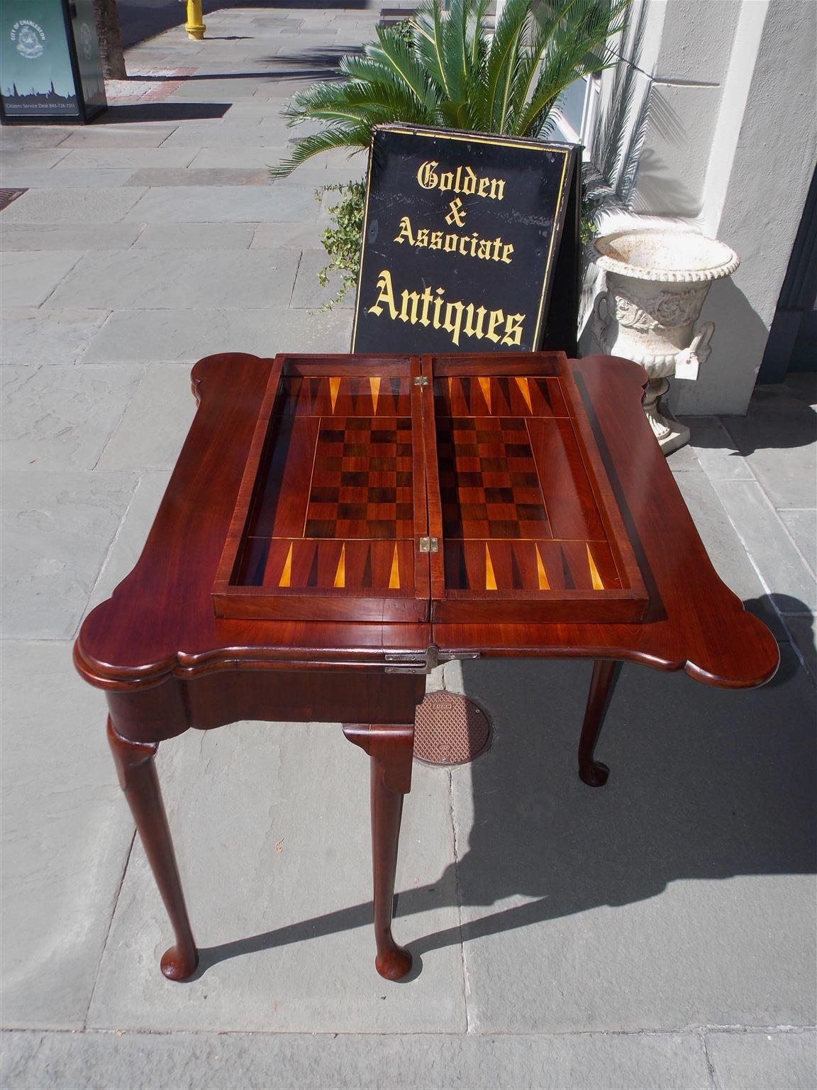Hand-Carved English Queen Anne Mahogany Hinged Triple Top Inlaid Trumpet Game Table, C. 1730 For Sale