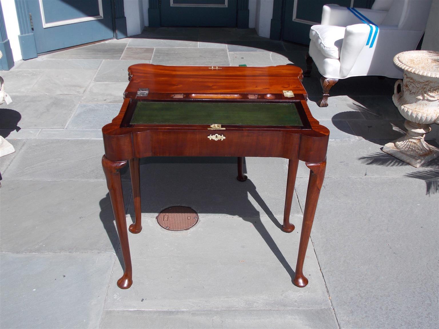 Brass English Queen Anne Mahogany Hinged Triple Top Inlaid Trumpet Game Table, C. 1730 For Sale