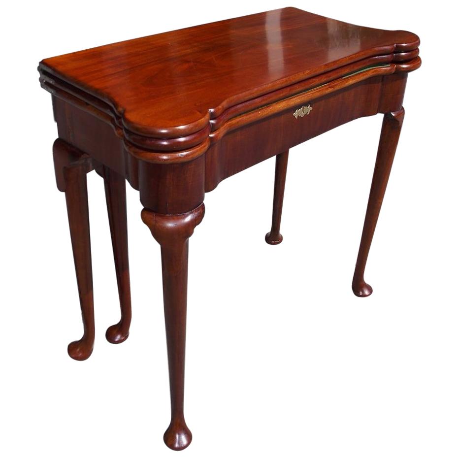 English Queen Anne Mahogany Hinged Triple Top Inlaid Trumpet Game Table, C. 1730 For Sale