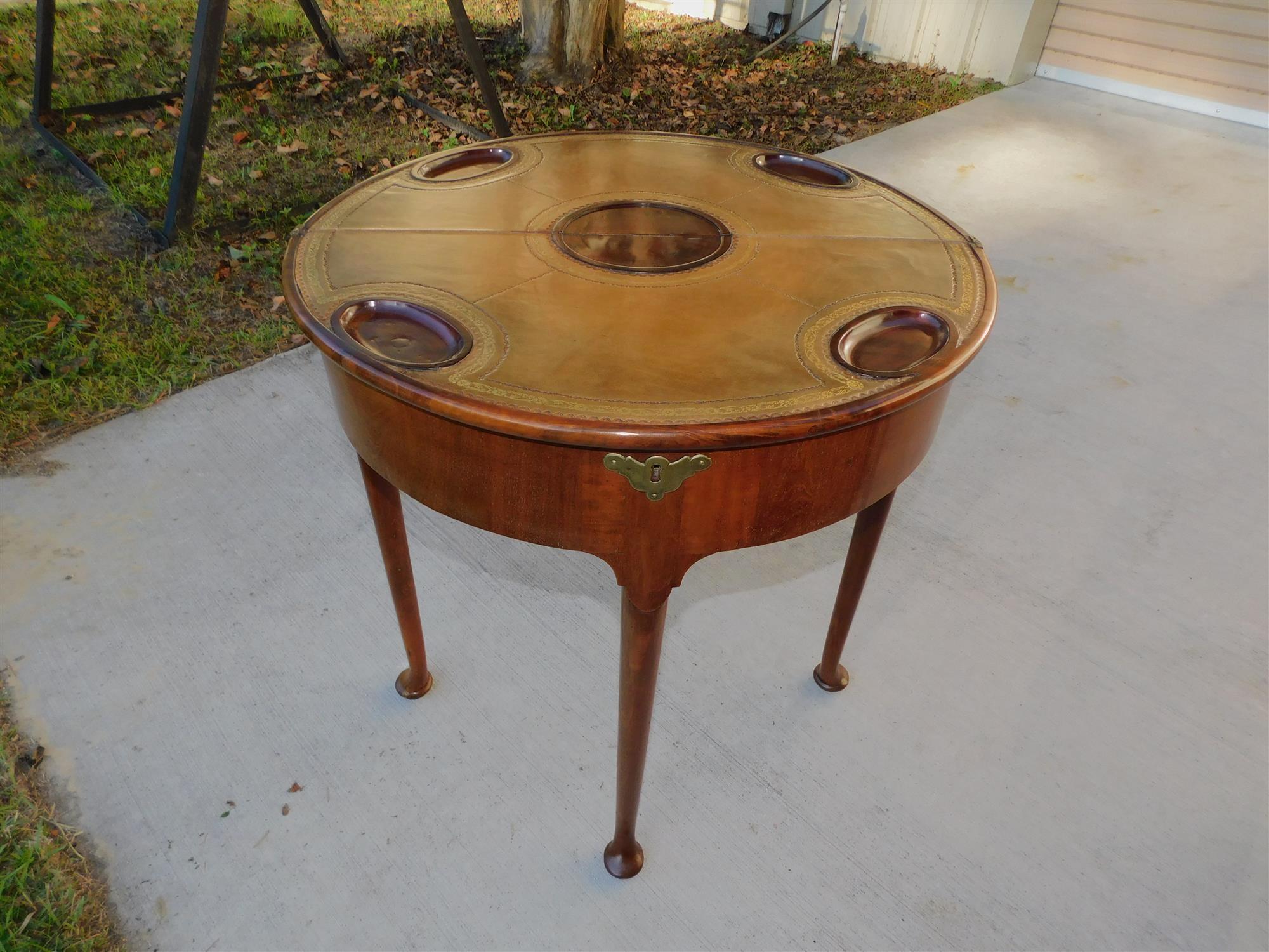 Hand-Carved English Queen Anne Mahogany Leather Interior Game Table with Pad Feet, C. 1740 For Sale