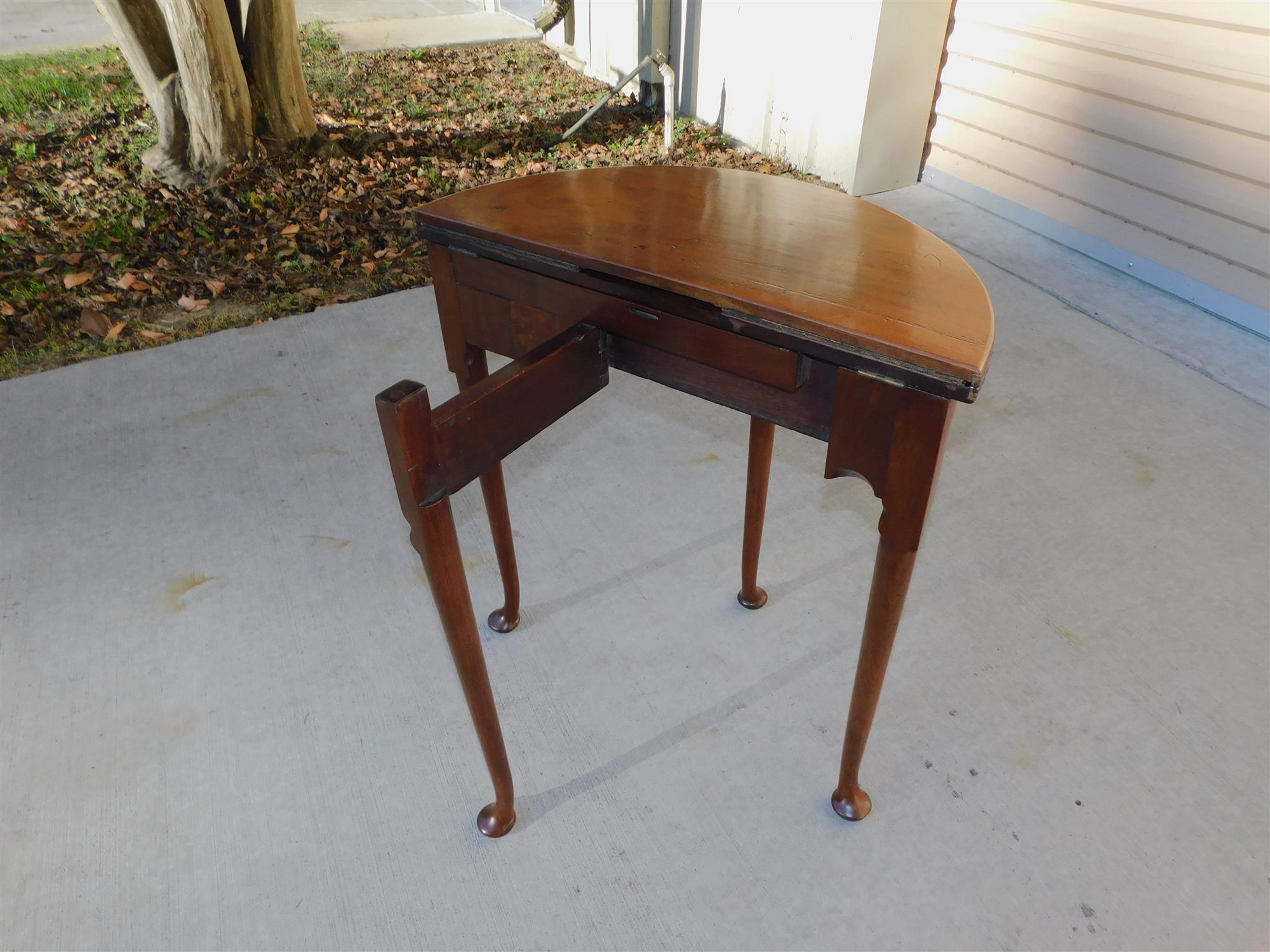Brass English Queen Anne Mahogany Leather Interior Game Table with Pad Feet, C. 1740 For Sale