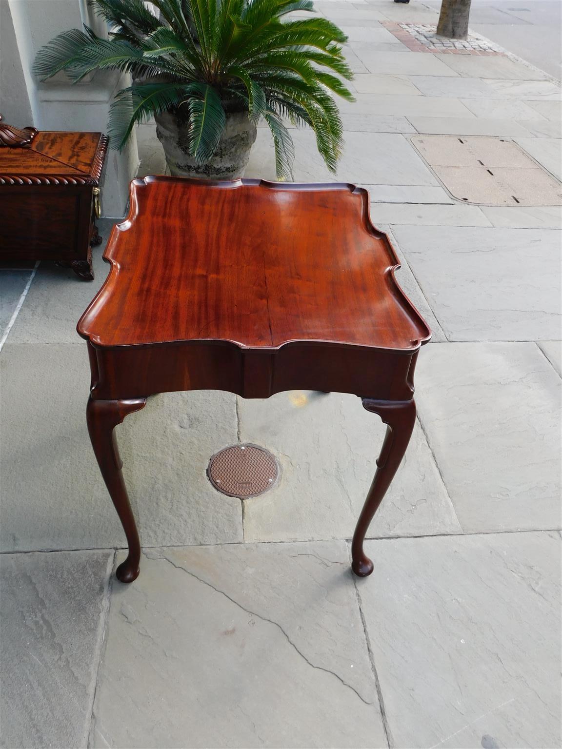Hand-Carved English Queen Anne Mahogany Serpentine One Drawer Tea Table Orig. Brasses C 1740 For Sale