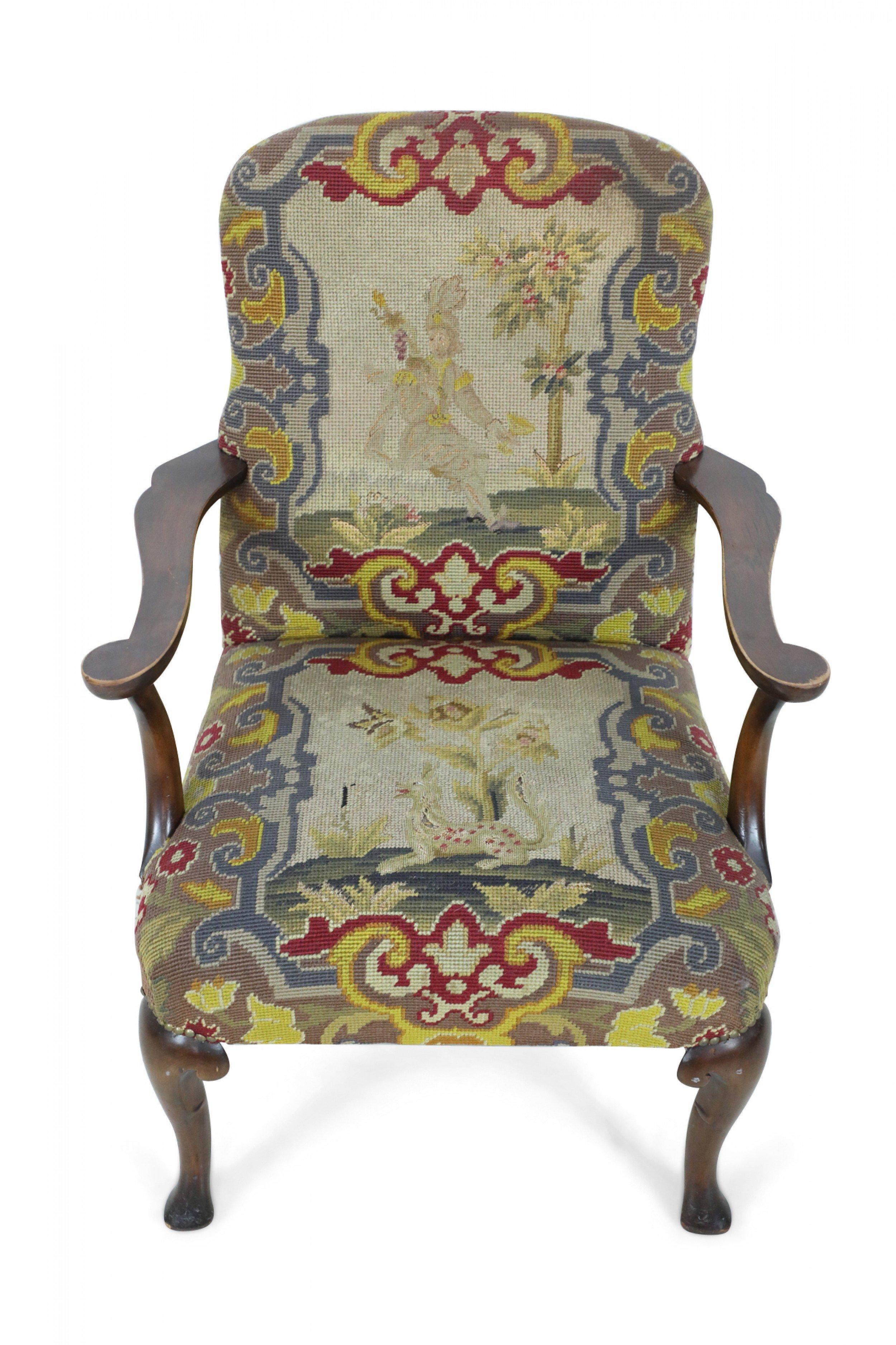 English Queen Anne Needlepoint Tapestry and Walnut Armchair For Sale 8