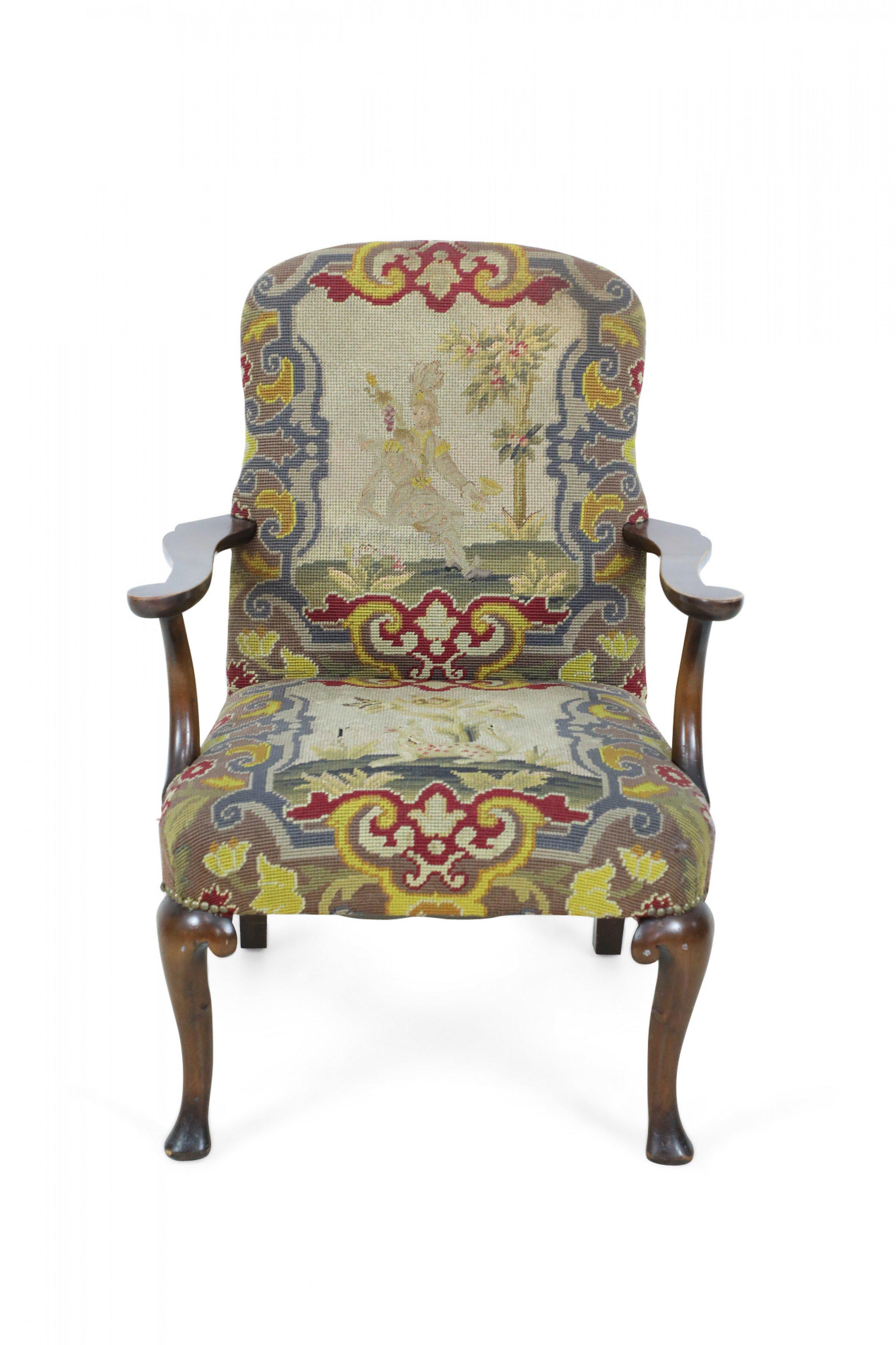 British English Queen Anne Needlepoint Tapestry and Walnut Armchair For Sale