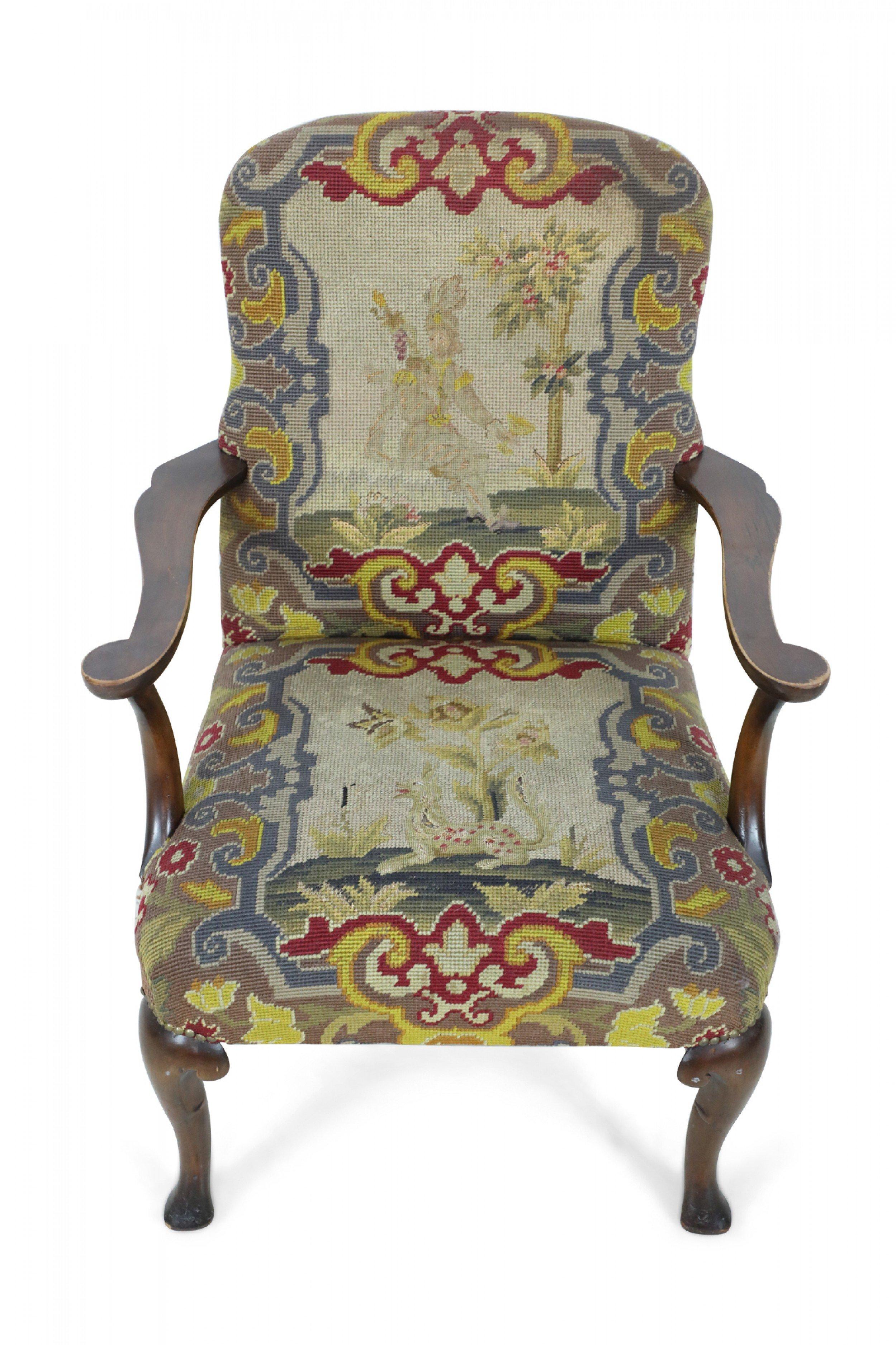 English Queen Anne Needlepoint Tapestry and Walnut Armchair For Sale 4