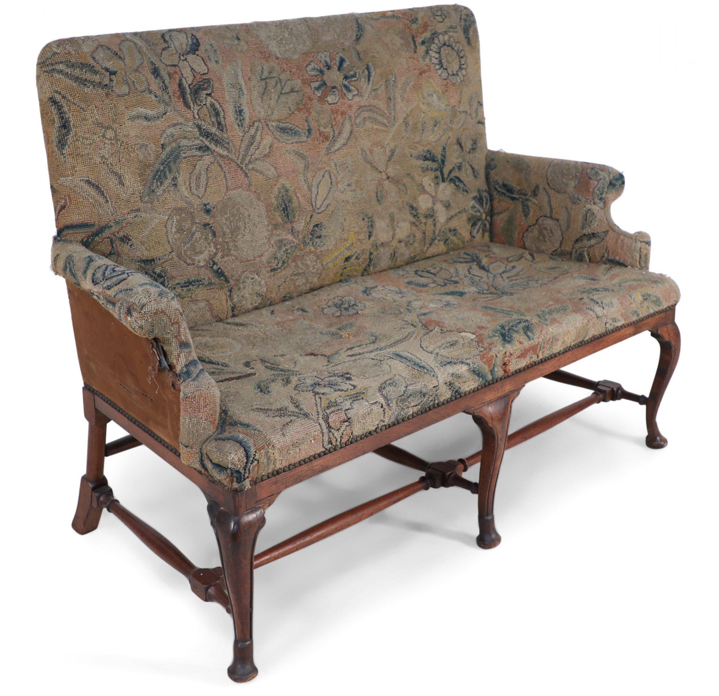 18th Century and Earlier English Queen Anne Needlepoint Tapestry and Walnut Settee For Sale