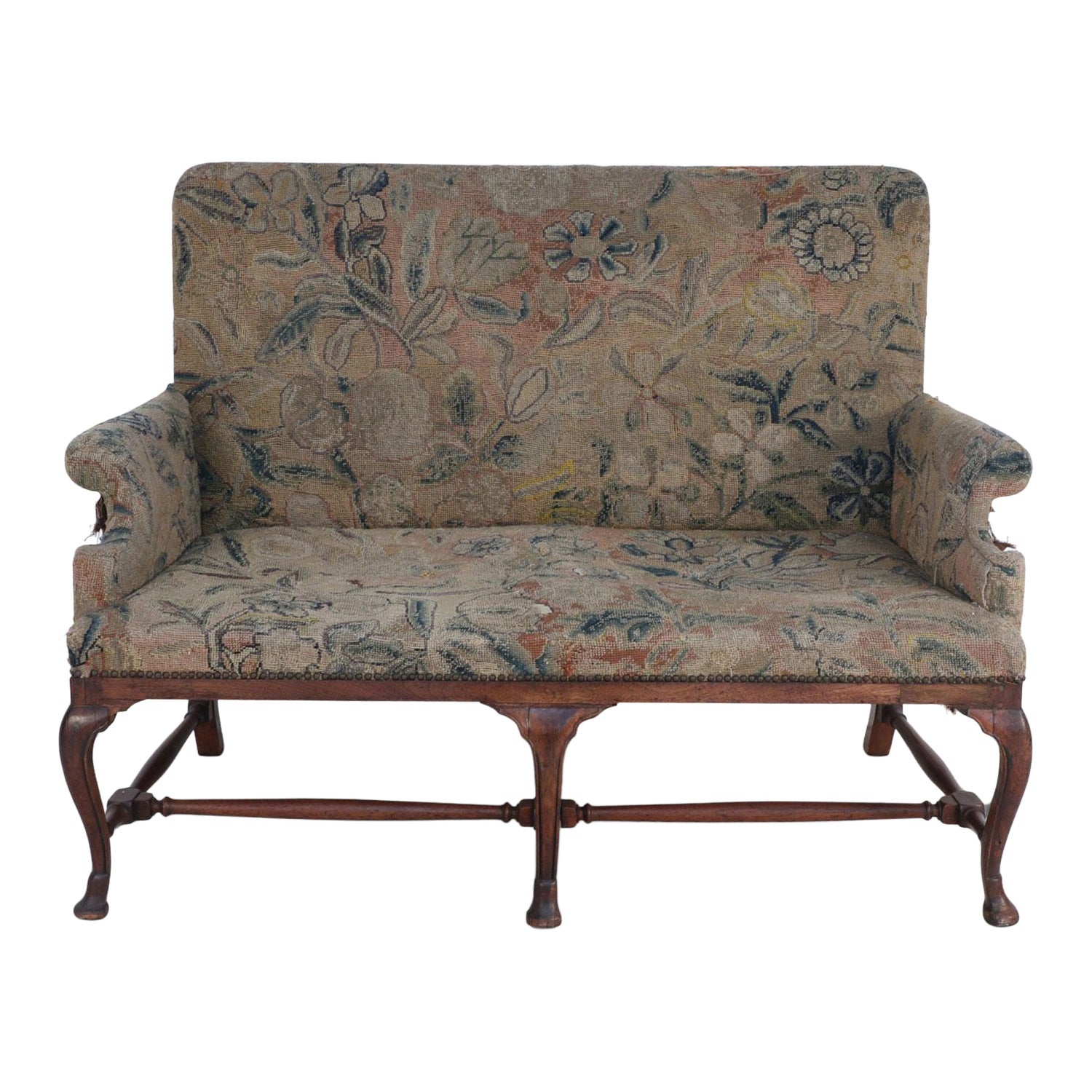 English Queen Anne Needlepoint Tapestry and Walnut Settee