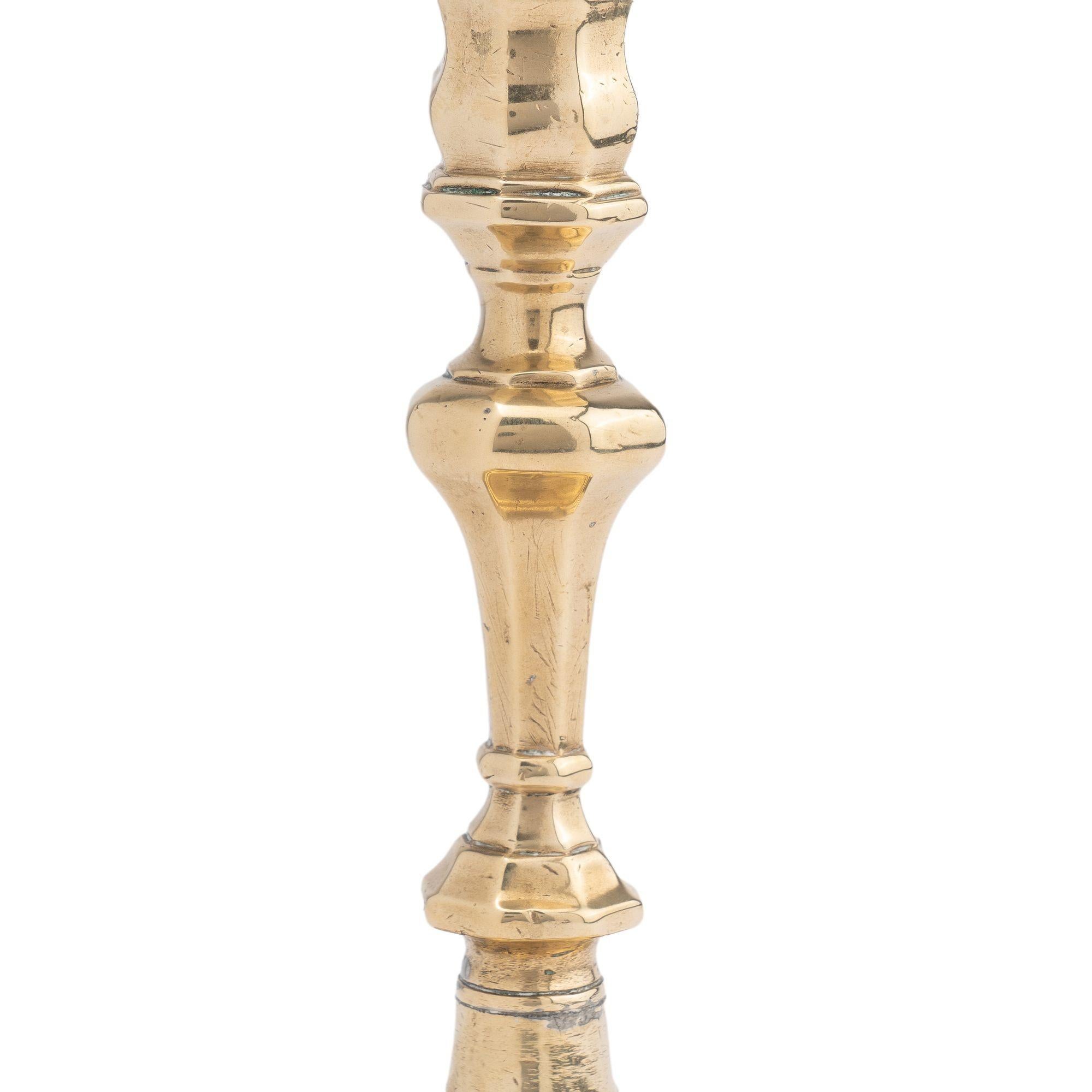 18th Century English Queen Anne octagonal base brass candlestick, 1710-20