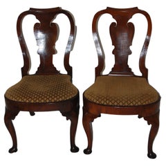 English Queen Anne Period 18th Century Walnut Pair of Balloon Seated Sidechairs