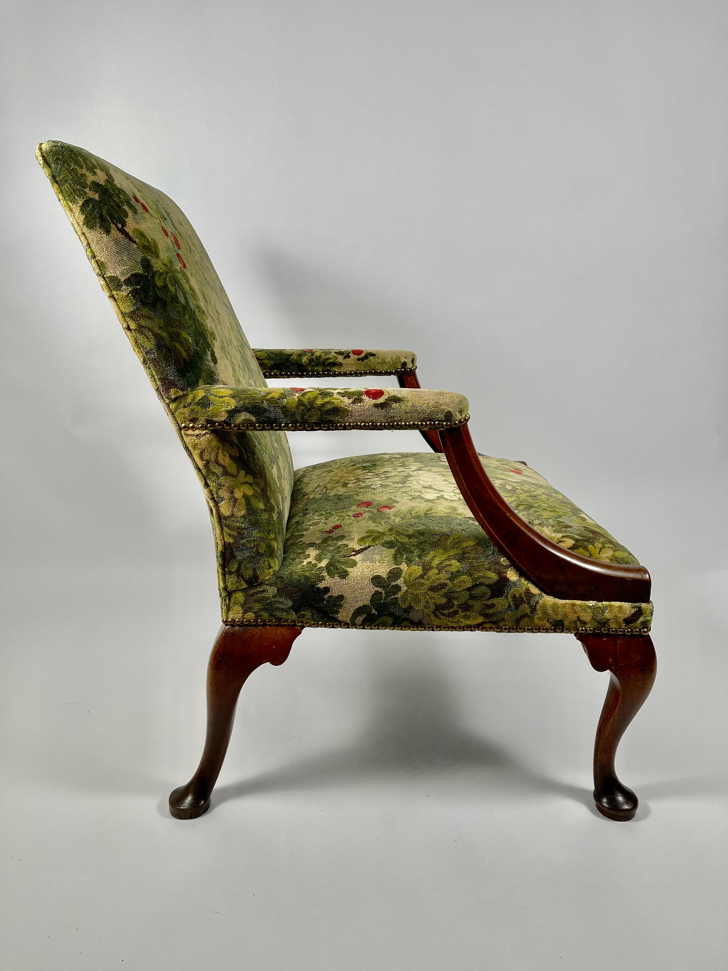 Carved English Queen Anne Period Upholstered Arm Chair