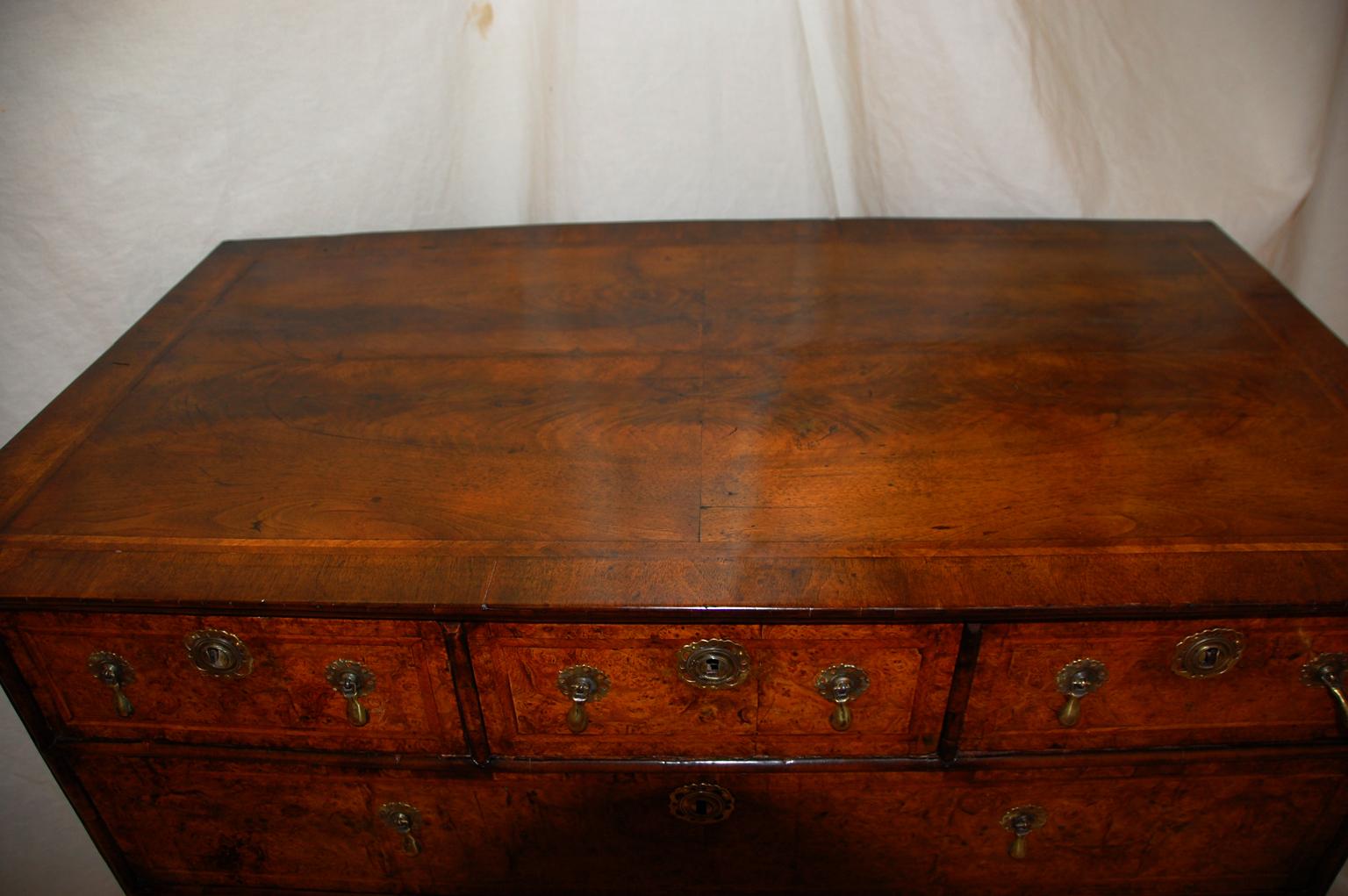 18th Century English Queen Anne Period Walnut and Burr Elm Chest of Six Drawers