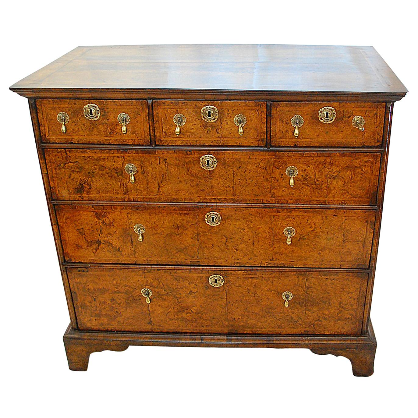 English Queen Anne Period Walnut and Burr Elm Chest of Six Drawers