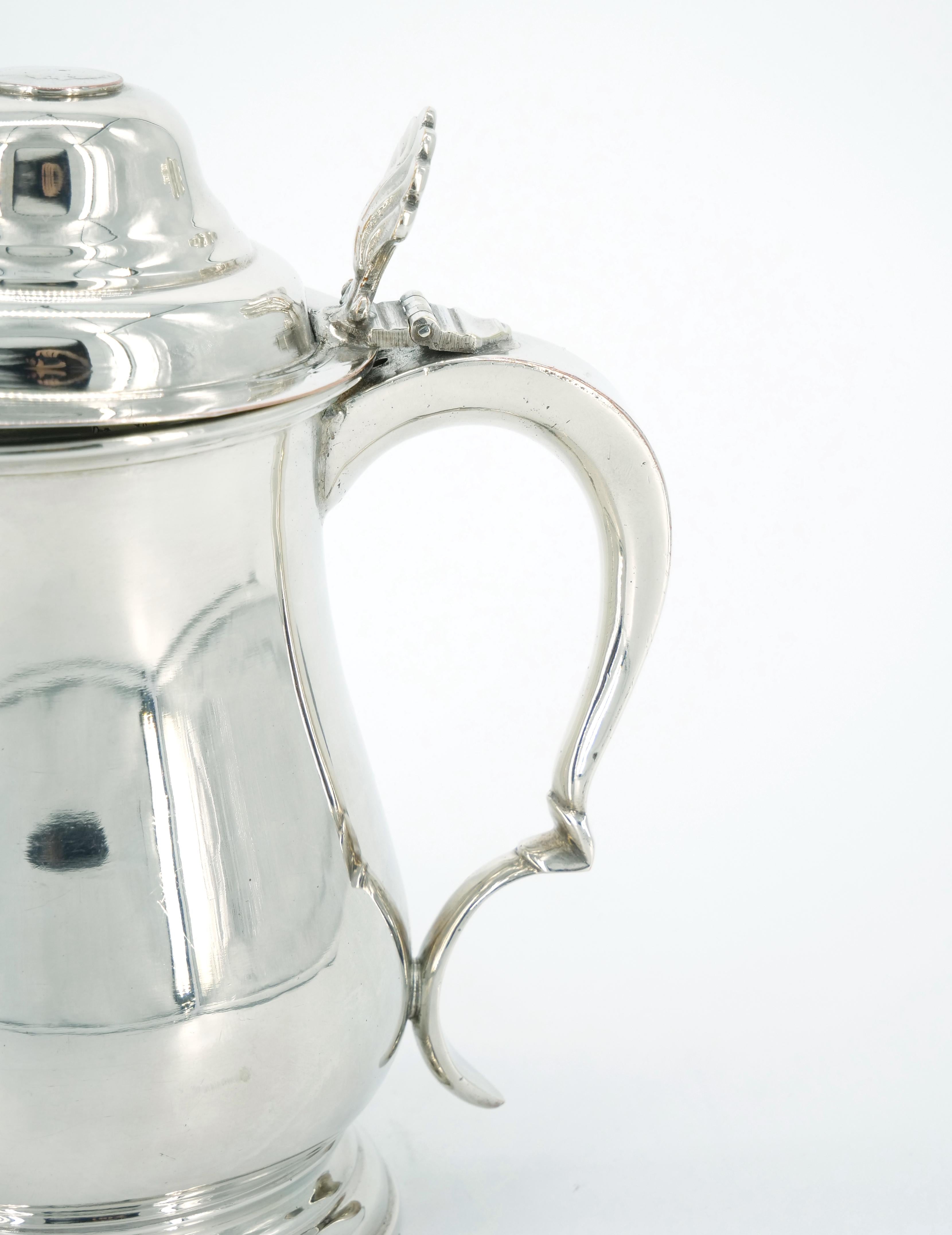 English Queen Anne Silver Plate Covered Footed Tankard For Sale 1