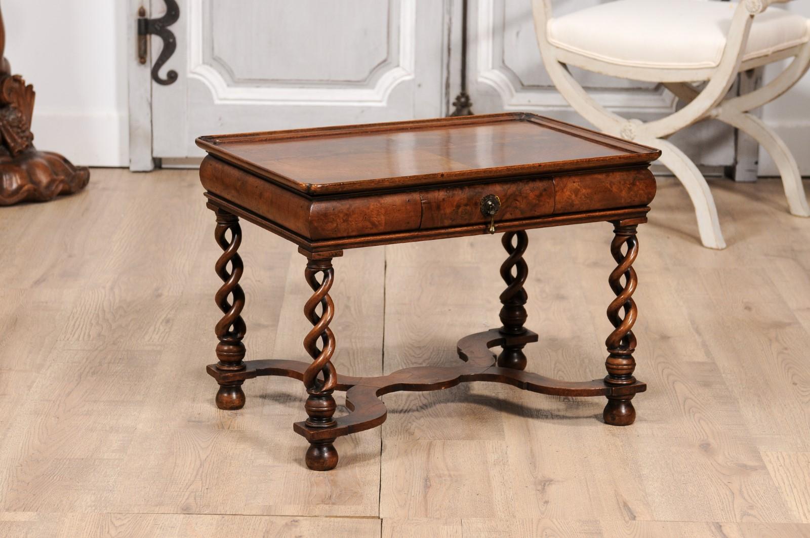 Carved English Queen Anne Style 1910 Burl Walnut Coffee Table with Bookmatched Tray Top For Sale