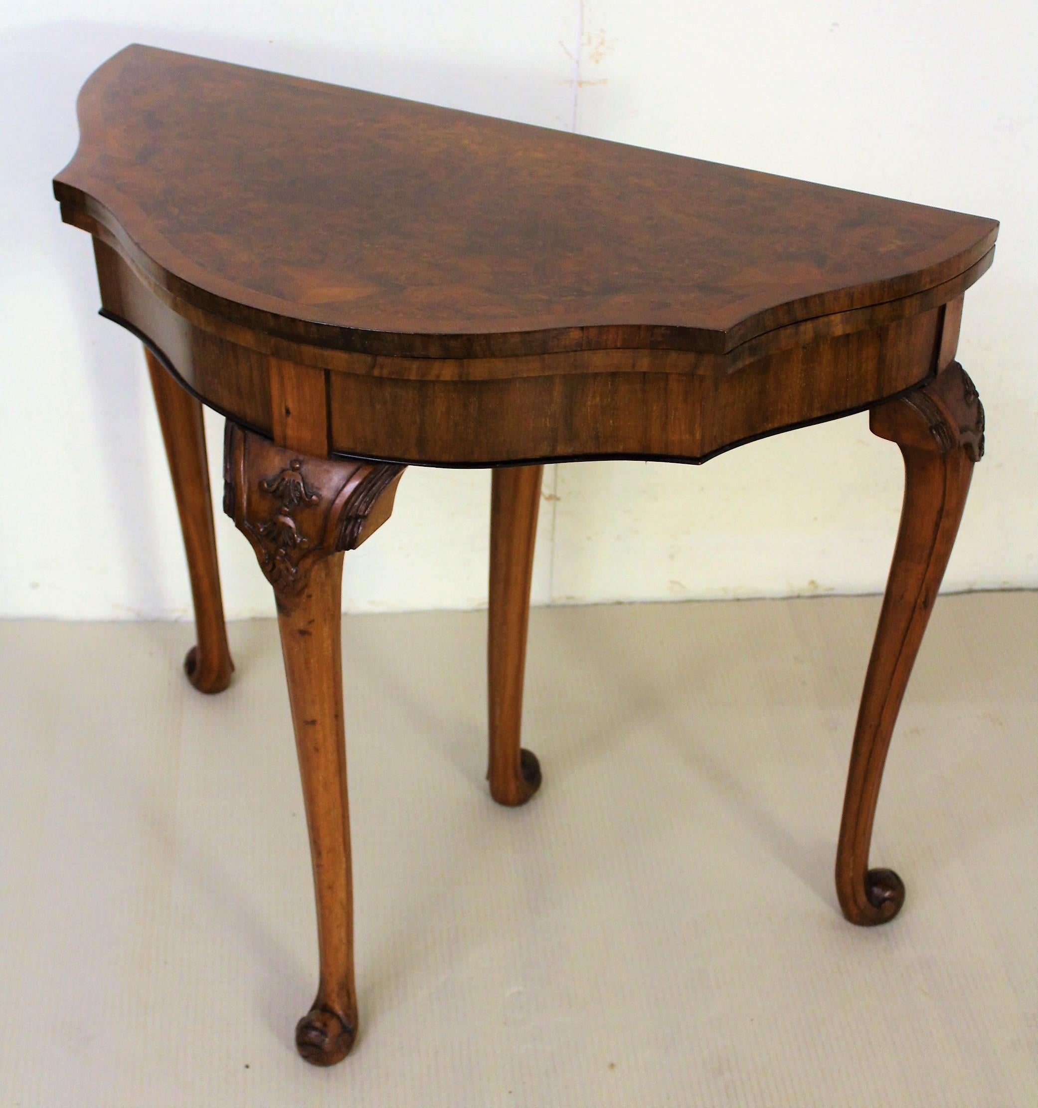 English Queen Anne Style Burr Walnut Card Table For Sale 3