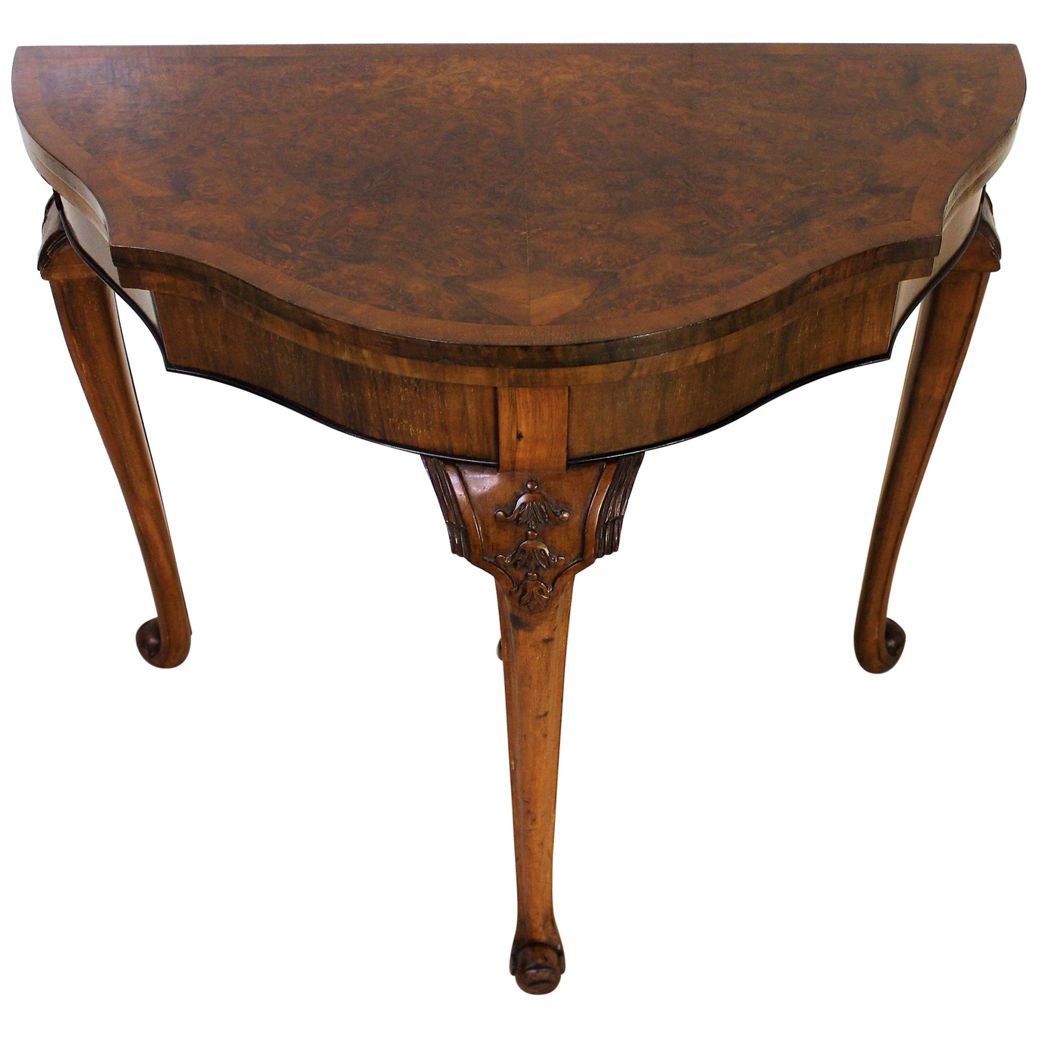 English Queen Anne Style Burr Walnut Card Table For Sale