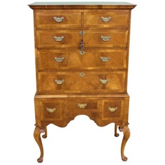 English Queen Anne Style Burr Walnut Chest on Stand or Tallboy