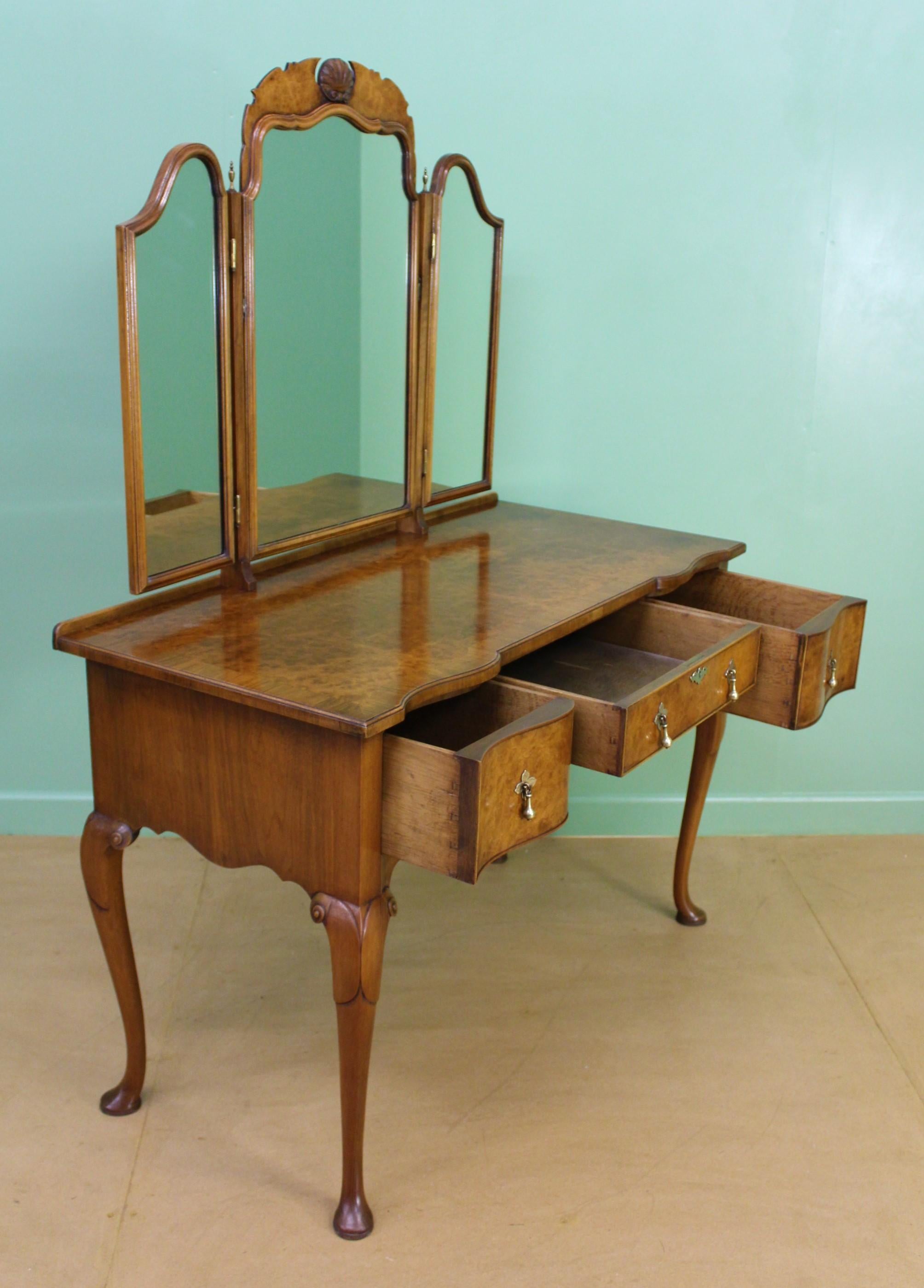 English Queen Anne Style Burr Walnut Dressing Table 9